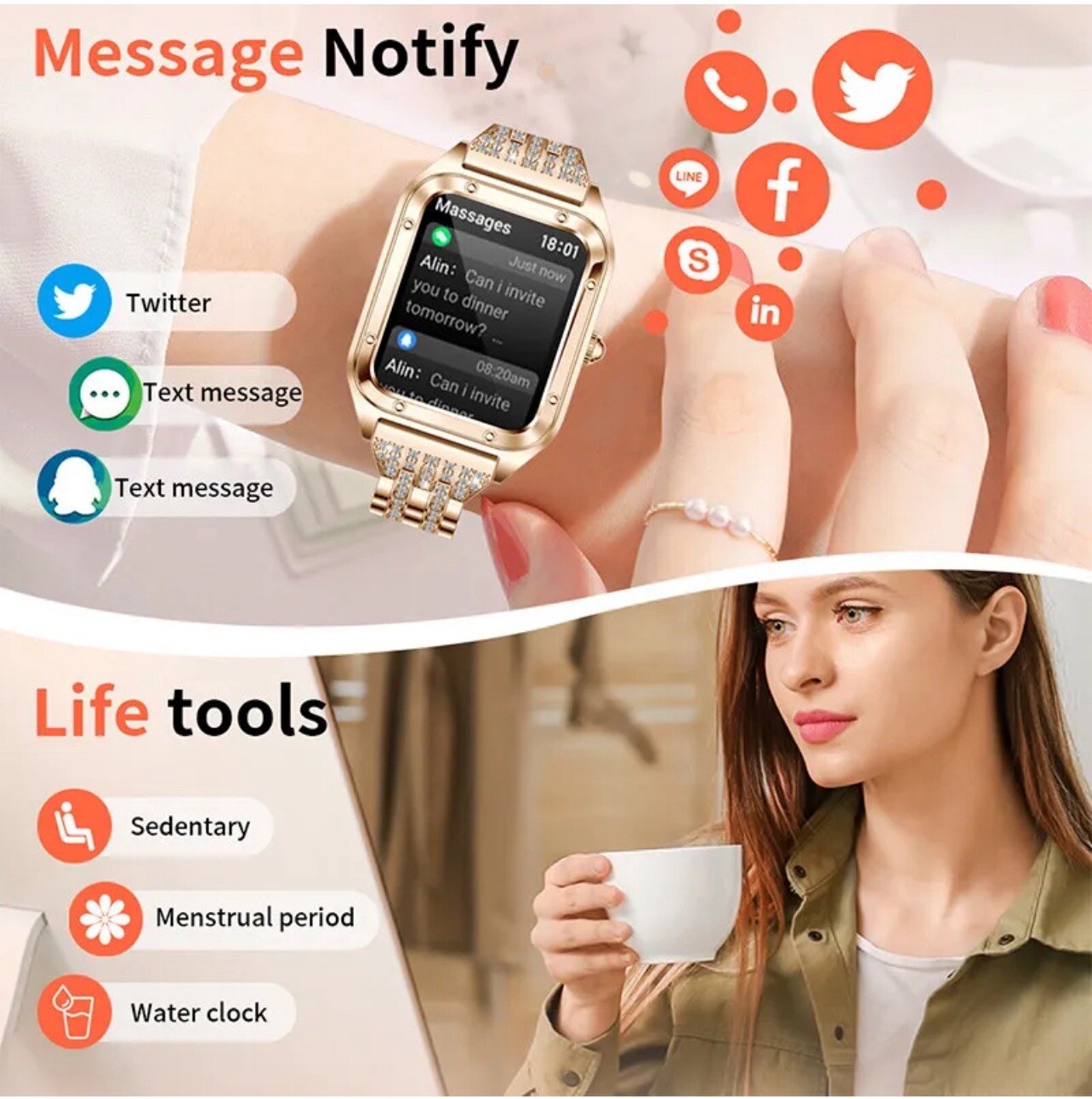 Woman Smart Watch + 2 Bands (Rubber , Diamond Metal ) Works With ( IOS, Android)