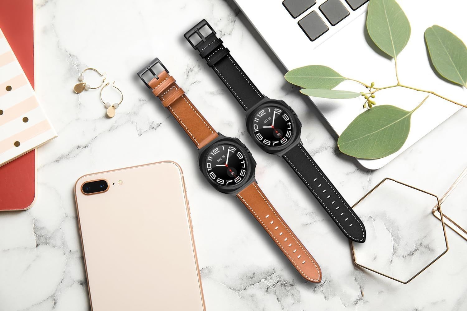 Leather Replacement Only Strap for Galaxy Watch 8 Classic 46mm, Black & Brown