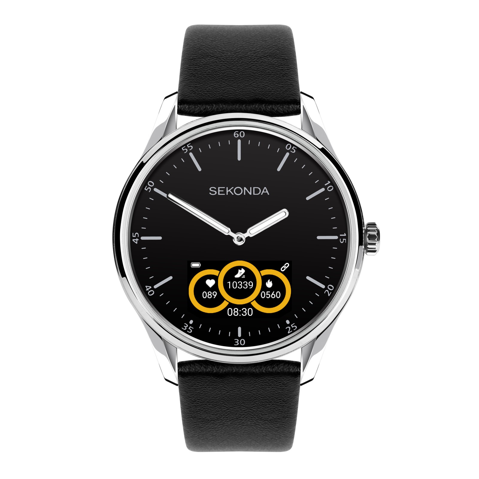 Sekonda 45mm Hybrid Smart Watch in Silver with Black Leather Bracelet