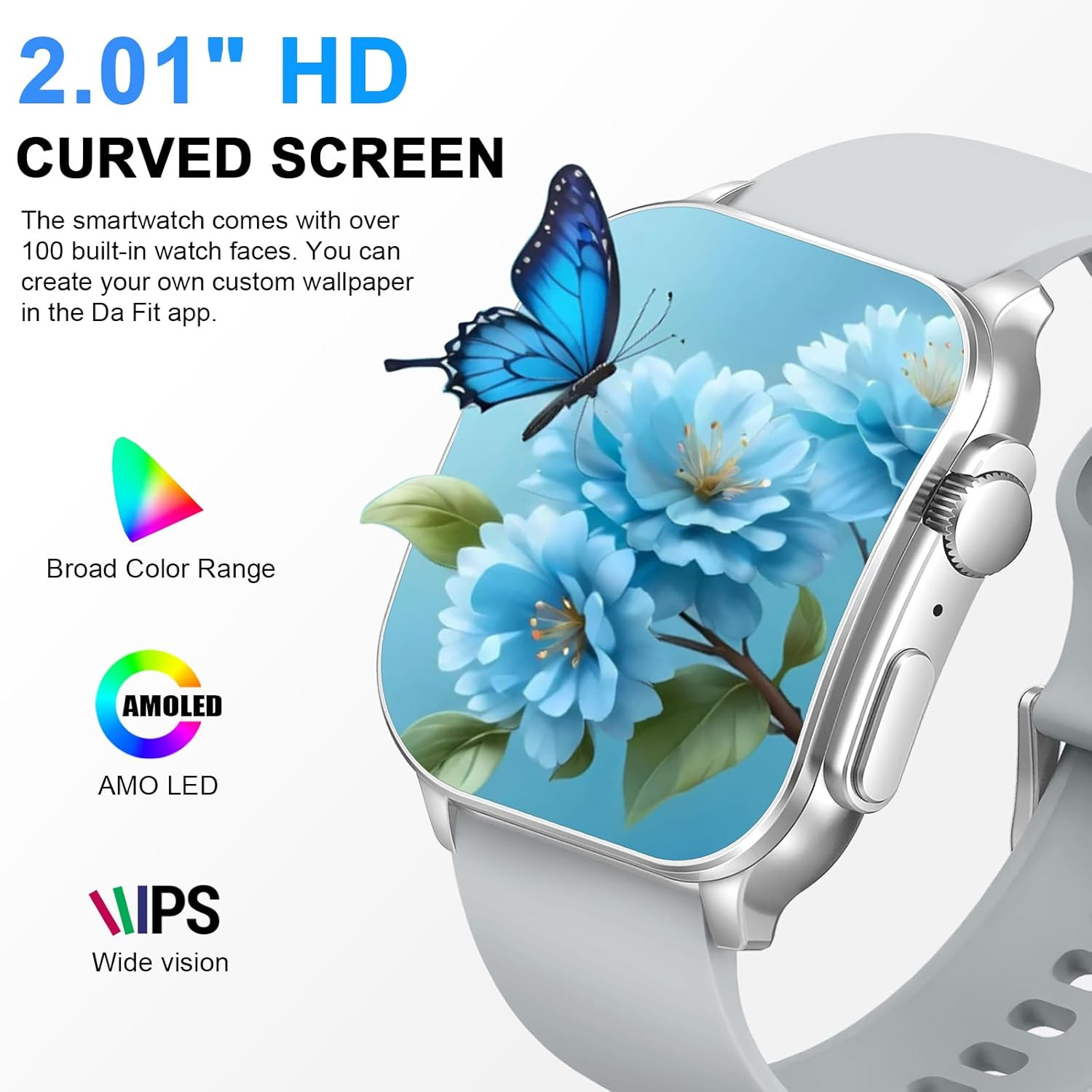 Smart Watch, 2.01″ AMOLED Curved Touchscreen Fitness Watch for Men Women, IP68 W