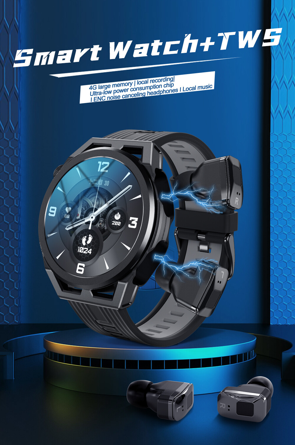 Music Watch with Headsets Bluetooth Call Sleep Monitor Smartwatch with Earbuds