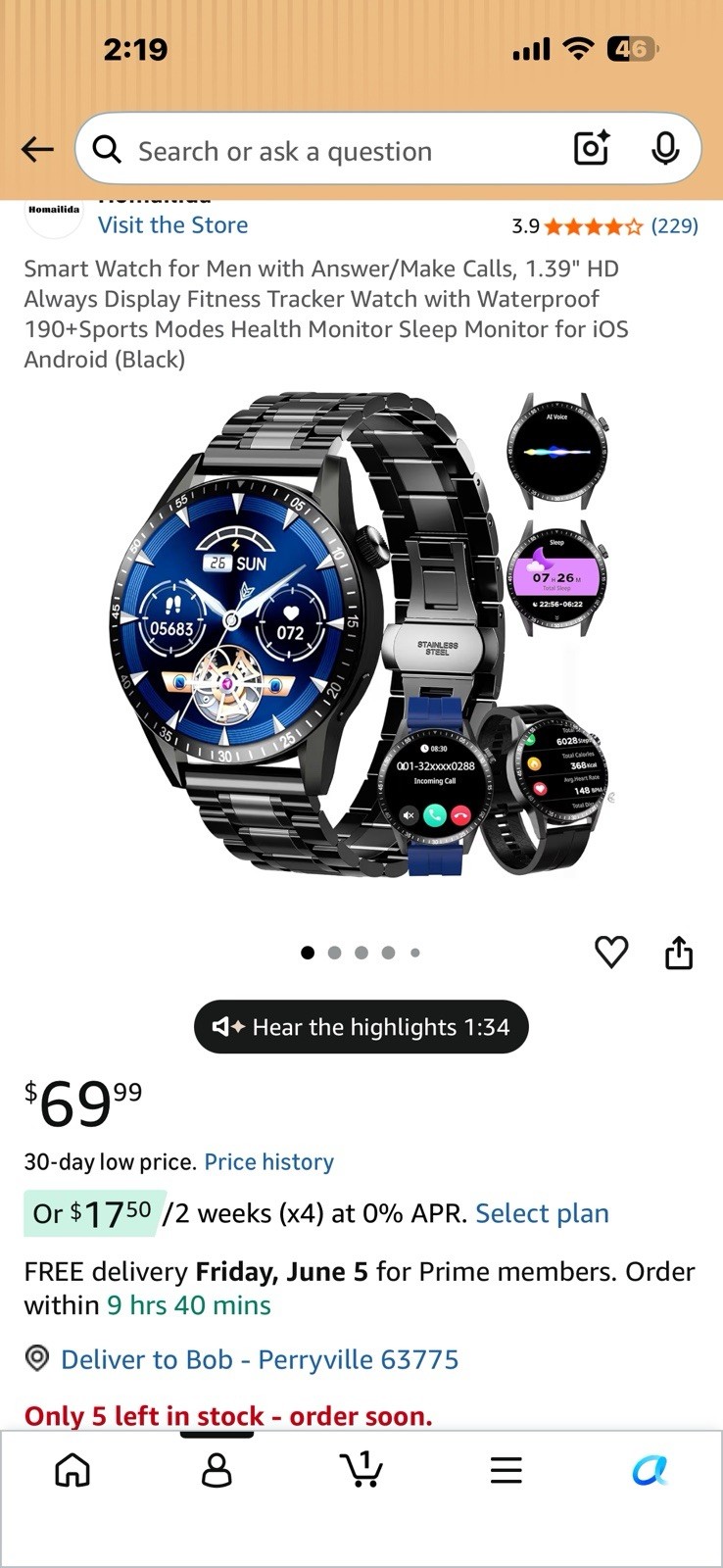 Homailida 1.39″ Smart Watch for Men Waterproof Fitness Tracker, Extra Bands