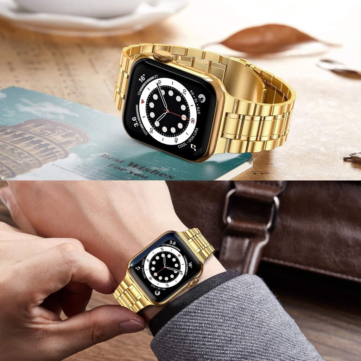 Adjustable Metal Strap with Soft TPU Case for Apple Watch 38mm 40mm 41mm Gold