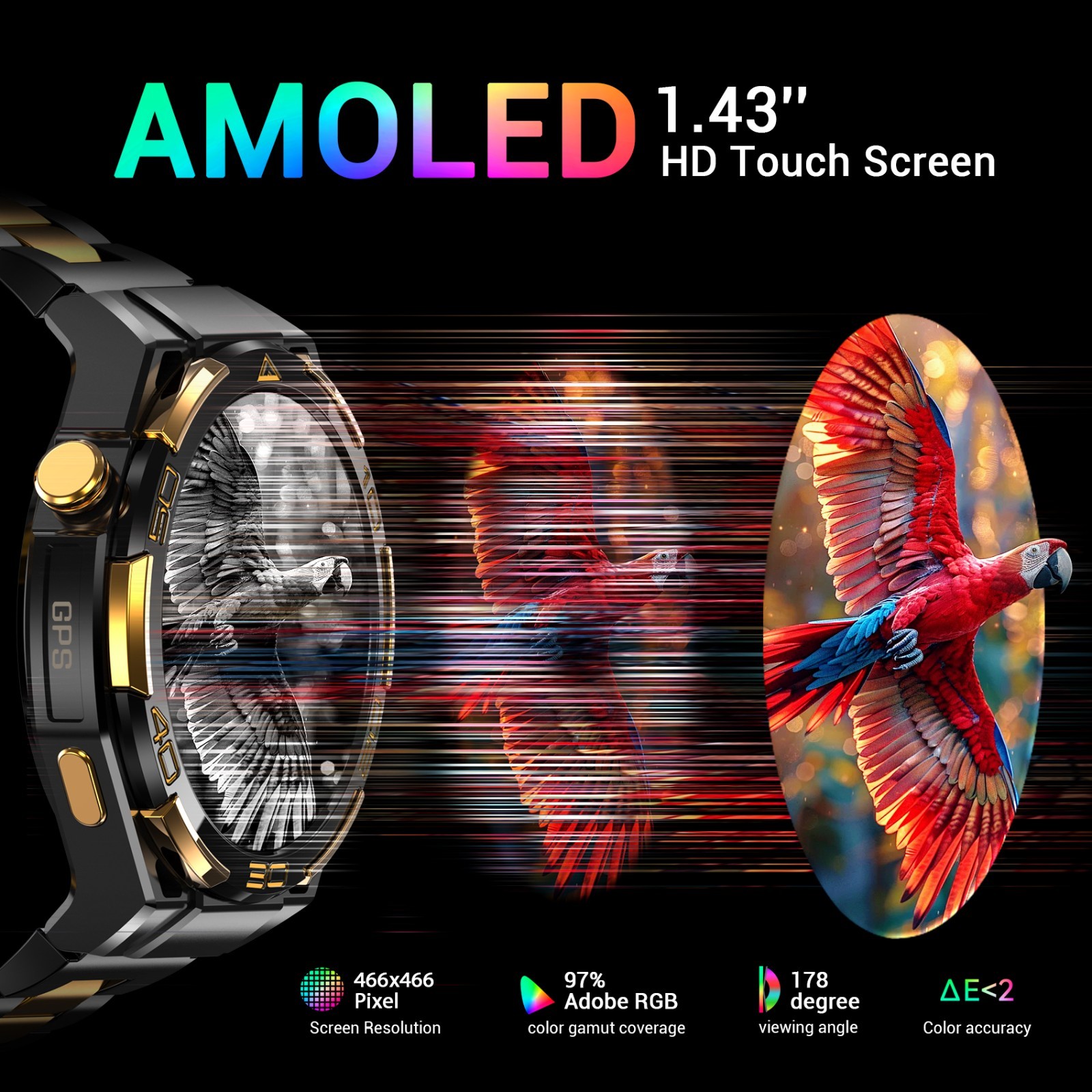 Smart Watch Mens 1.43″ AMOLED Built-in GPS Flashlight Compass, Bluetooth Calls