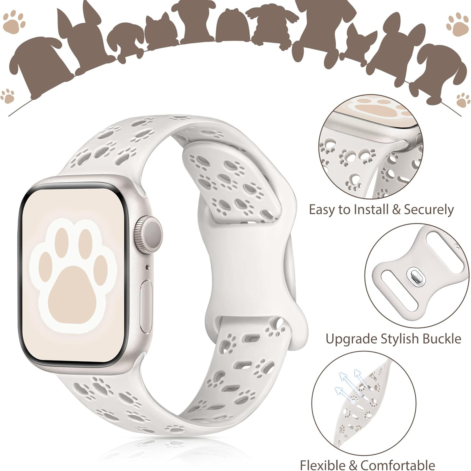 Silicone Watch Band for Apple Watch 41mm 40mm 42mm Series 10 11 Paw Design