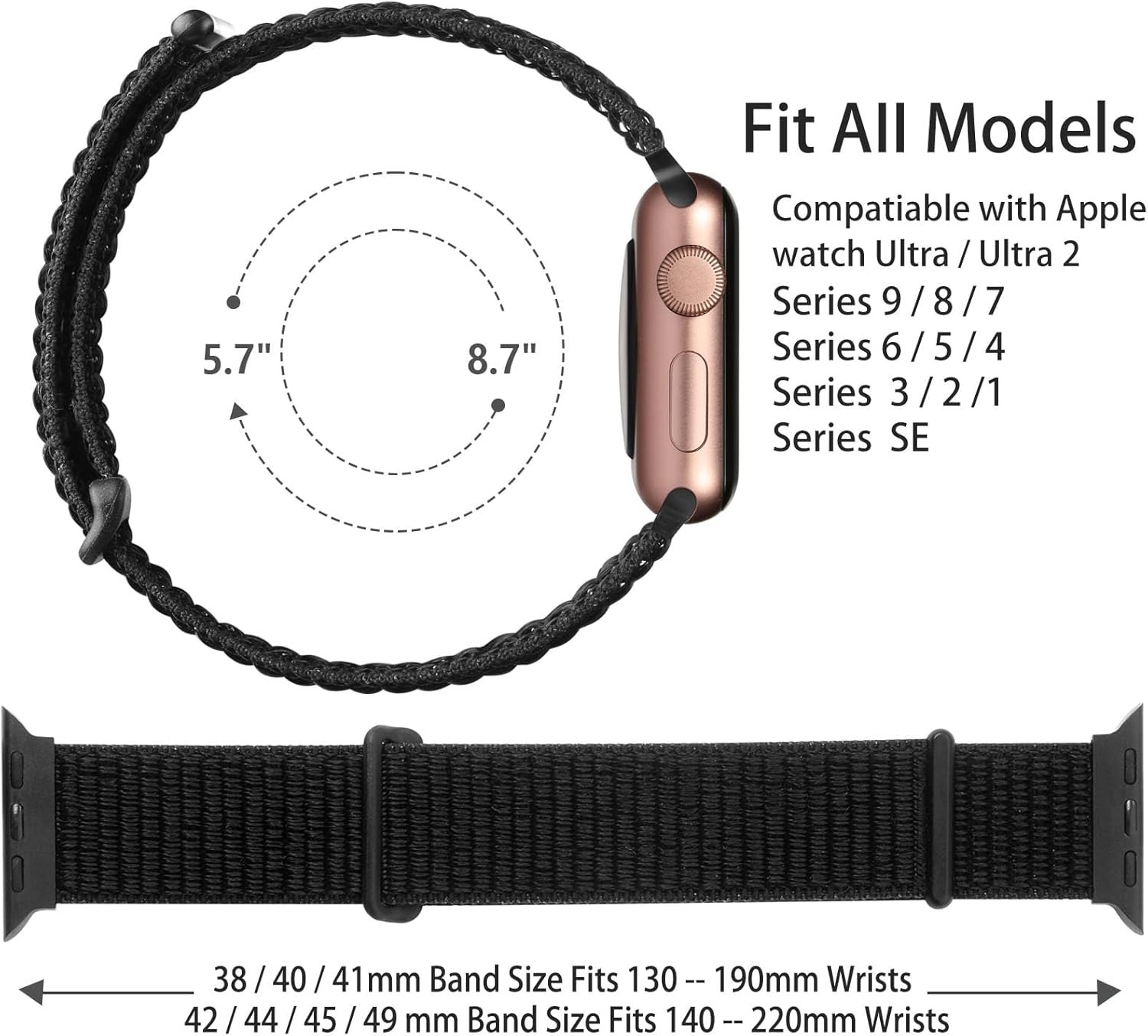 Case For Apple Watch 38mm 40mm 41mm 42mm 44mm 45mm Sport Nylon Straps Black