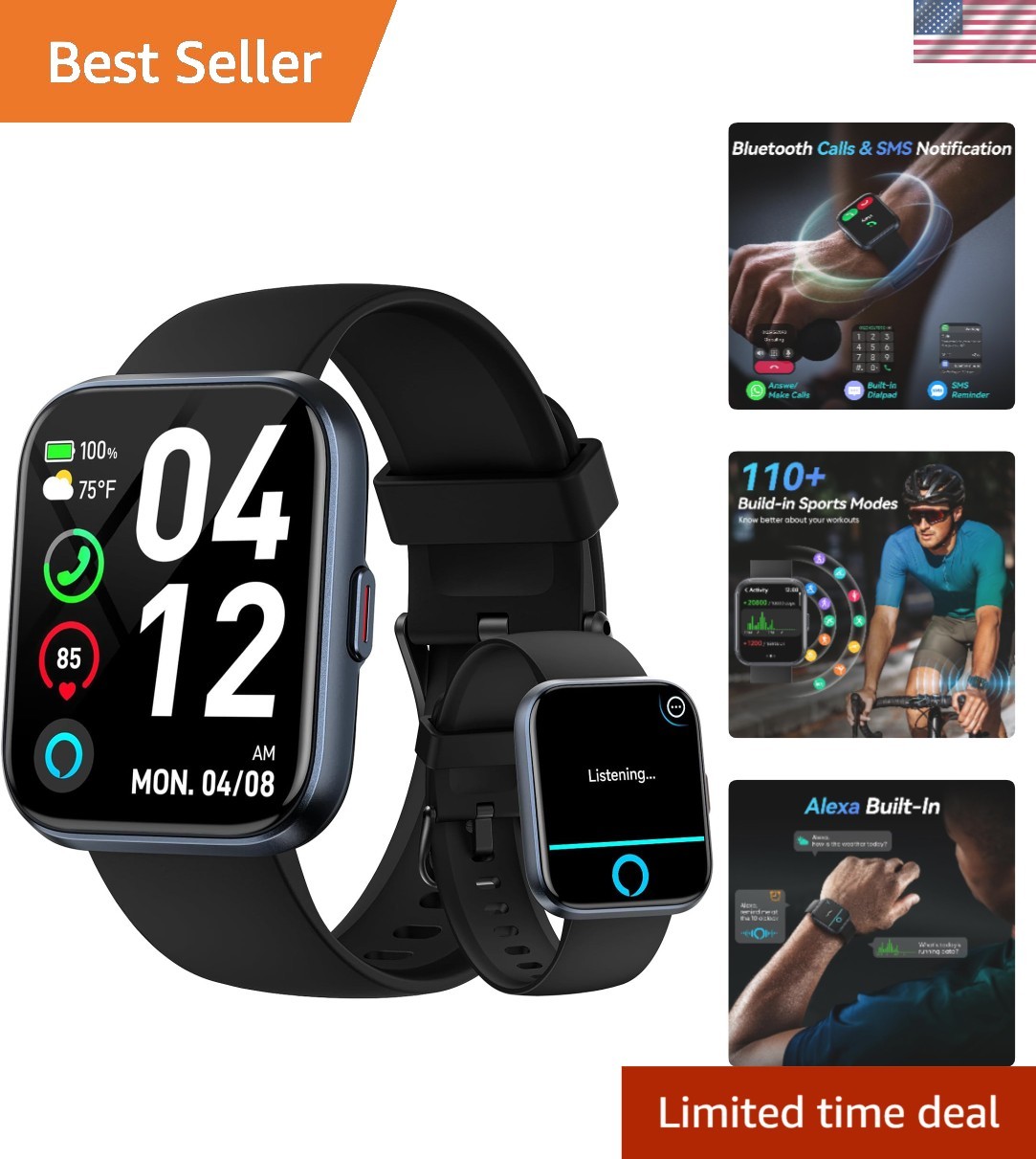 1.8″ Smartwatch for Men & Women – Alexa, Bluetooth Calls, 110 Sports Modes