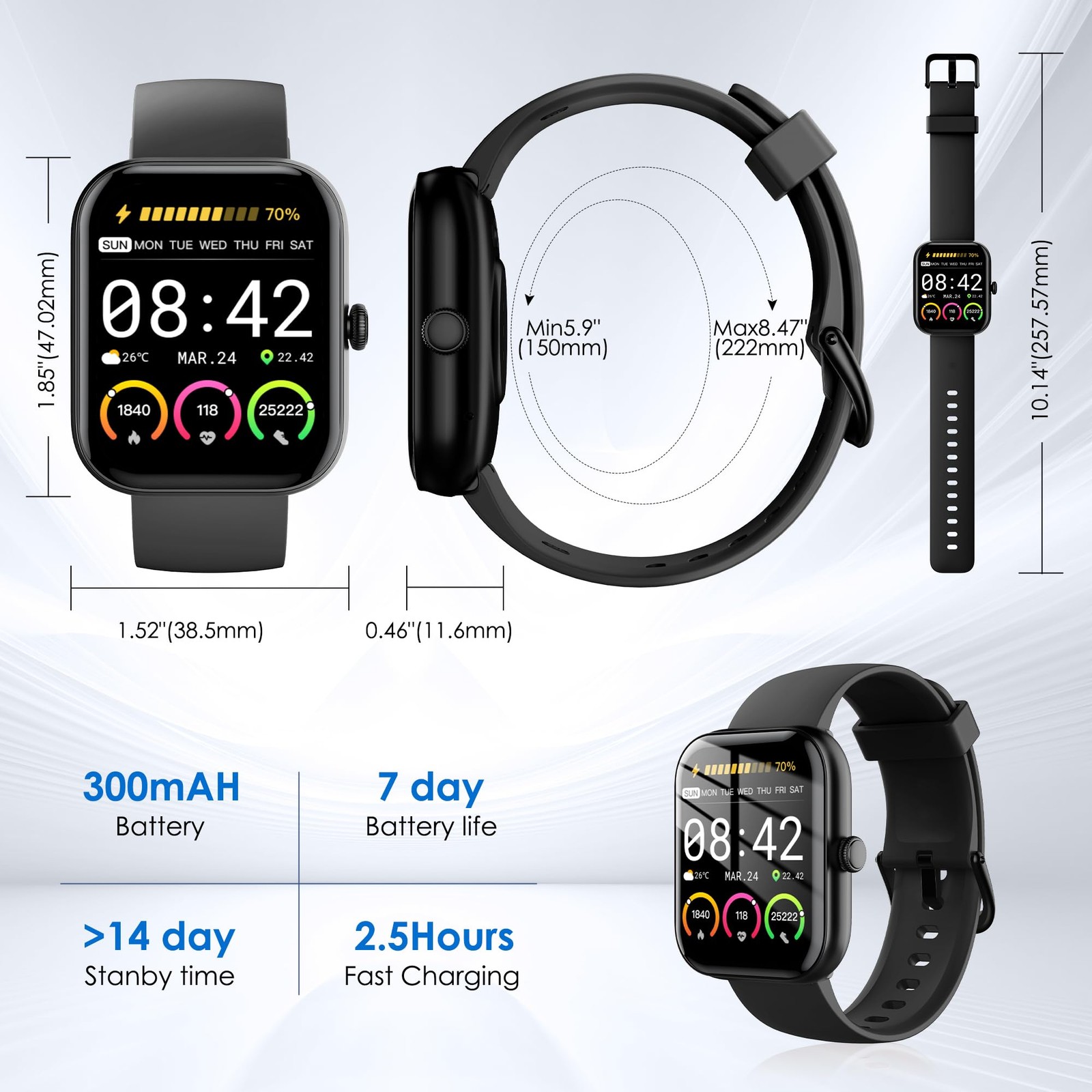 Smart Watch 1.91in Bluetooth Calls 100 Sport Modes Heart Rate SpO2 Sleep Monitor