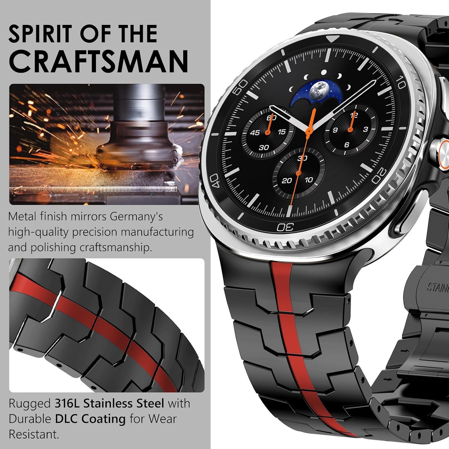 Case For Samsung Galaxy Watch 9/8 Classic 40mm 44mm 46mm Metal Band, Black/Red