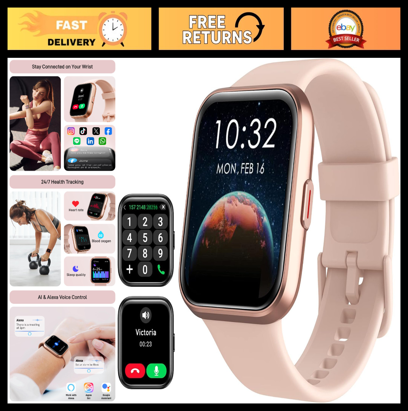 Smart Watch for Women, 1.8″ Touch Screen, Fitness Tracker, Alexa, Waterproof, He