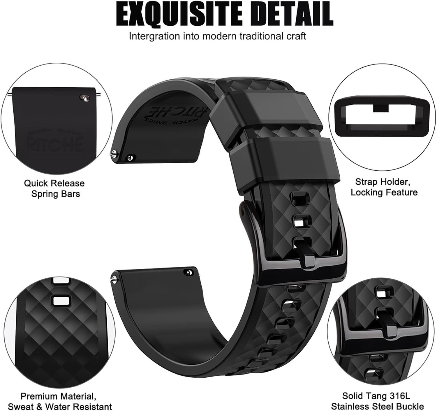 Quick Release Silicone Watch Bands 18mm 20mm 22mm 24mm Compatible Strap Black