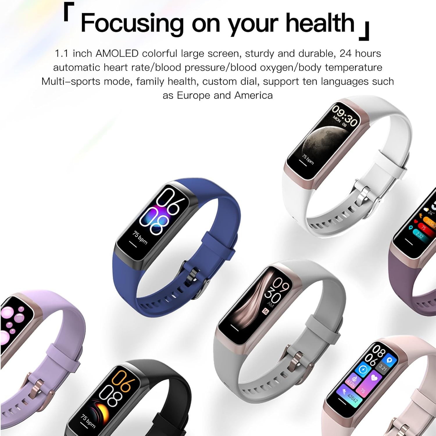 Slim Fitness Tracker Watch Heart Rate BP O2 Monitor iOS Android Waterproof OLED