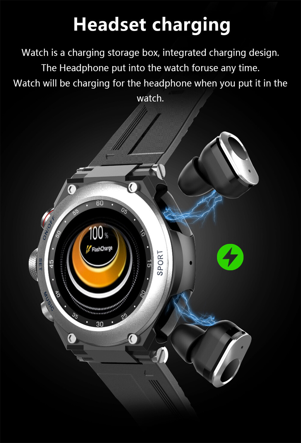2 IN 1 Smart Watch with Bluetooth Earphones Sleep Monitor Wristwatch Waterproof