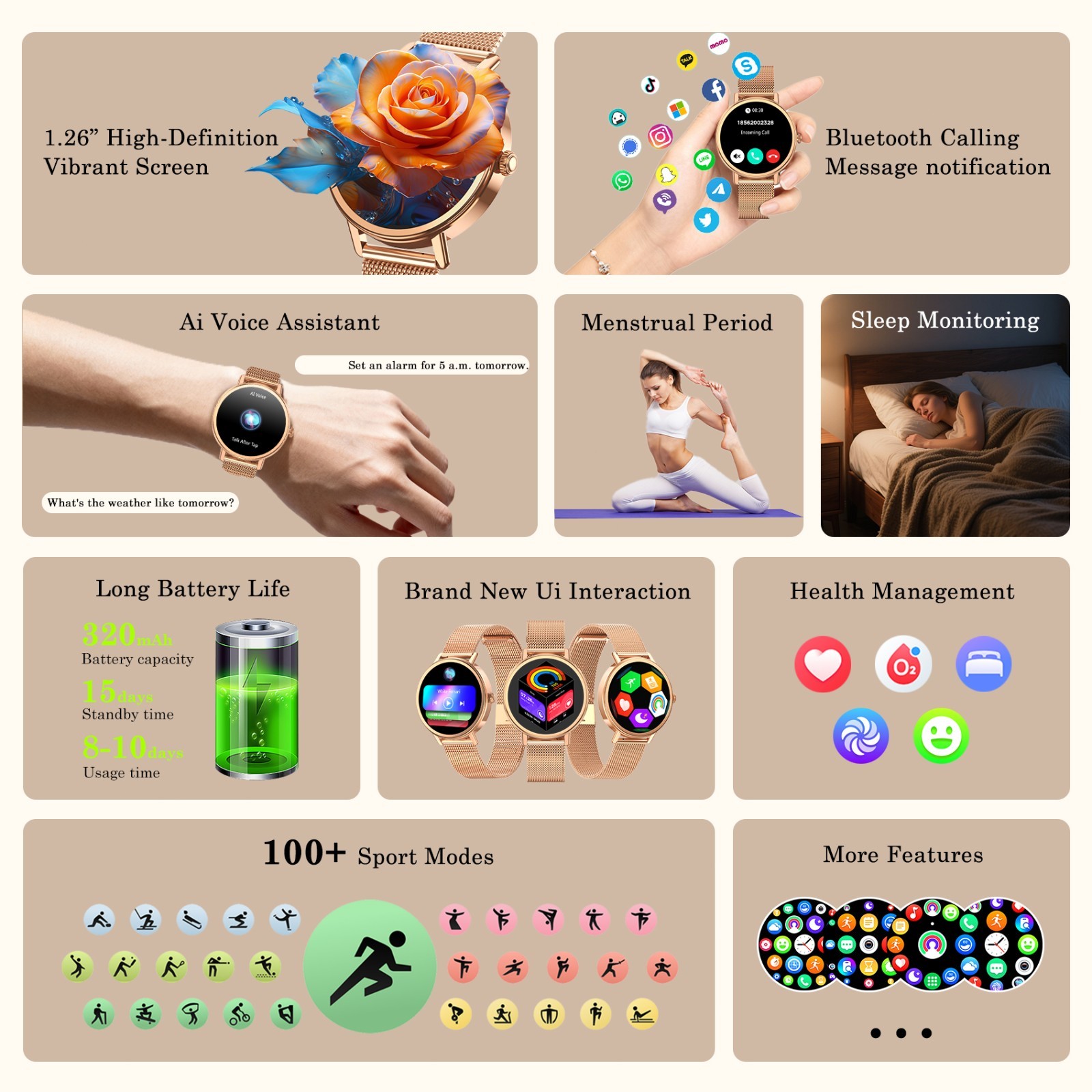 Lady Smart Watch Women 1.26″Rose Gold Smartwatch Fitness Tracker For Android iOS