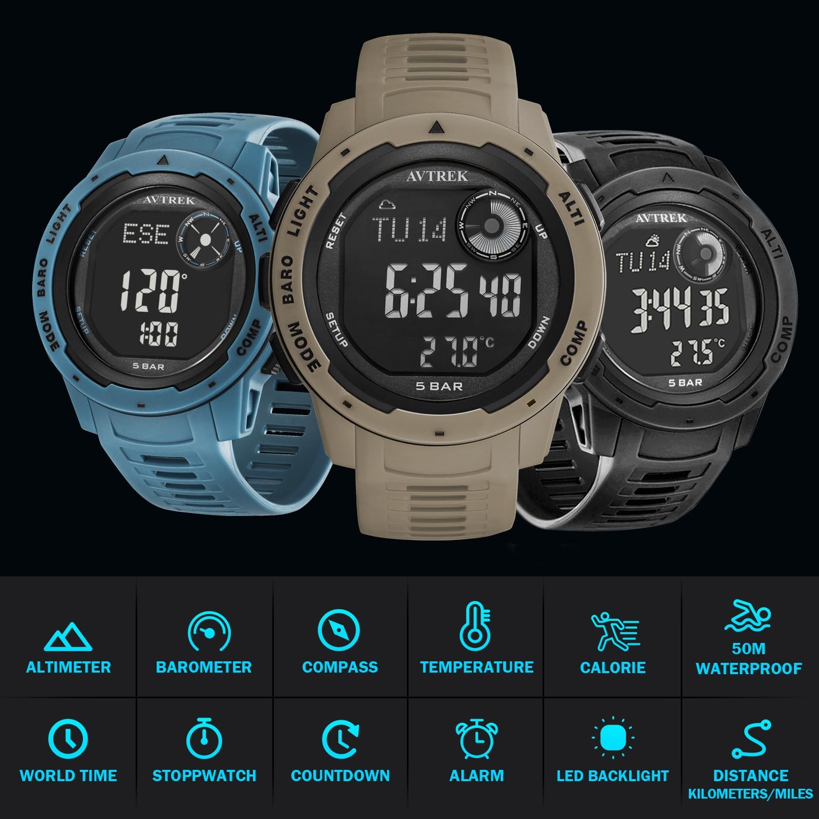 Tactical Watch with Compass,50M Waterproof Pedometer, Digital Altimeter Watch