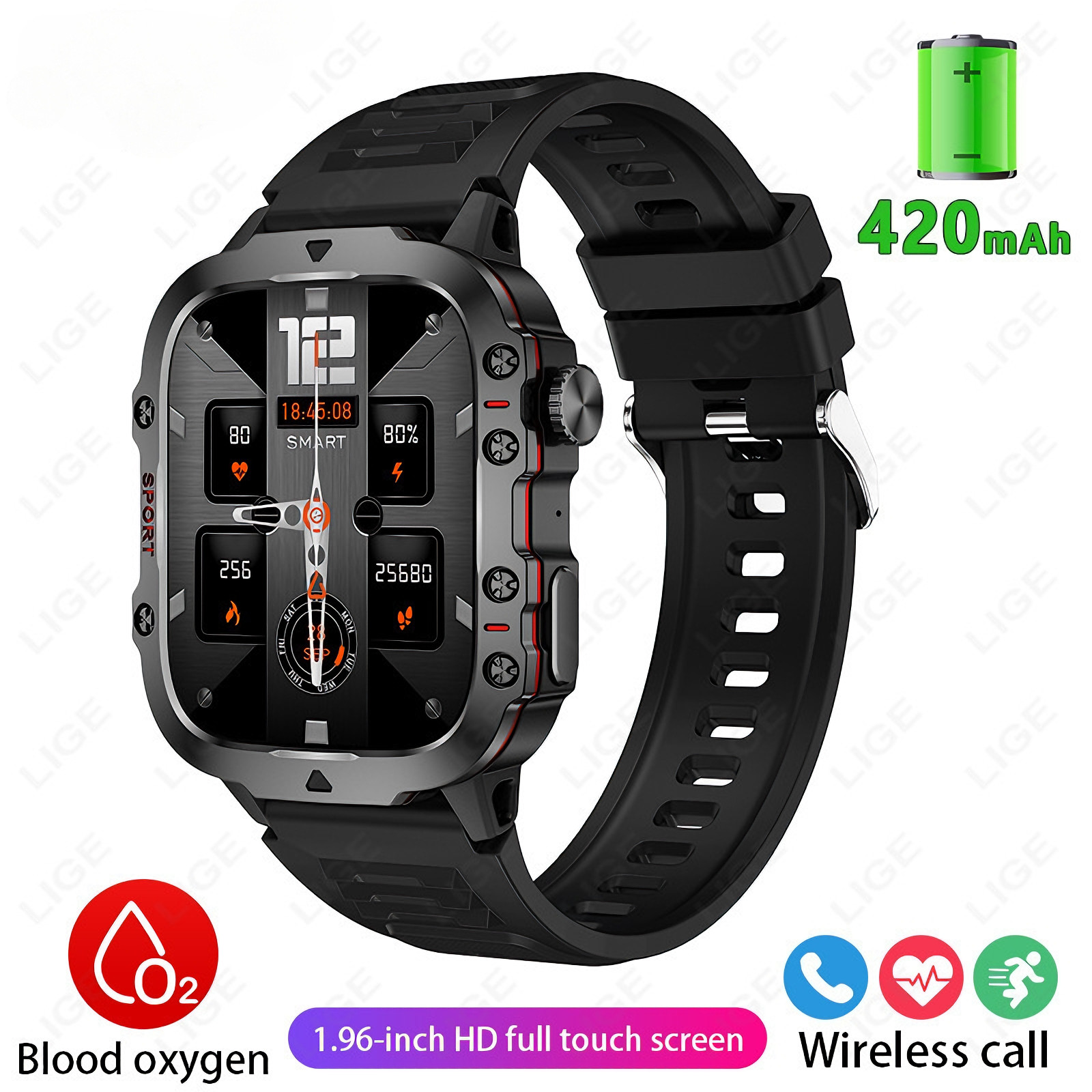 Smart Watch 1.96″ HD Waterproof Fitness Tracker Heart Rate Monitor Long Battery