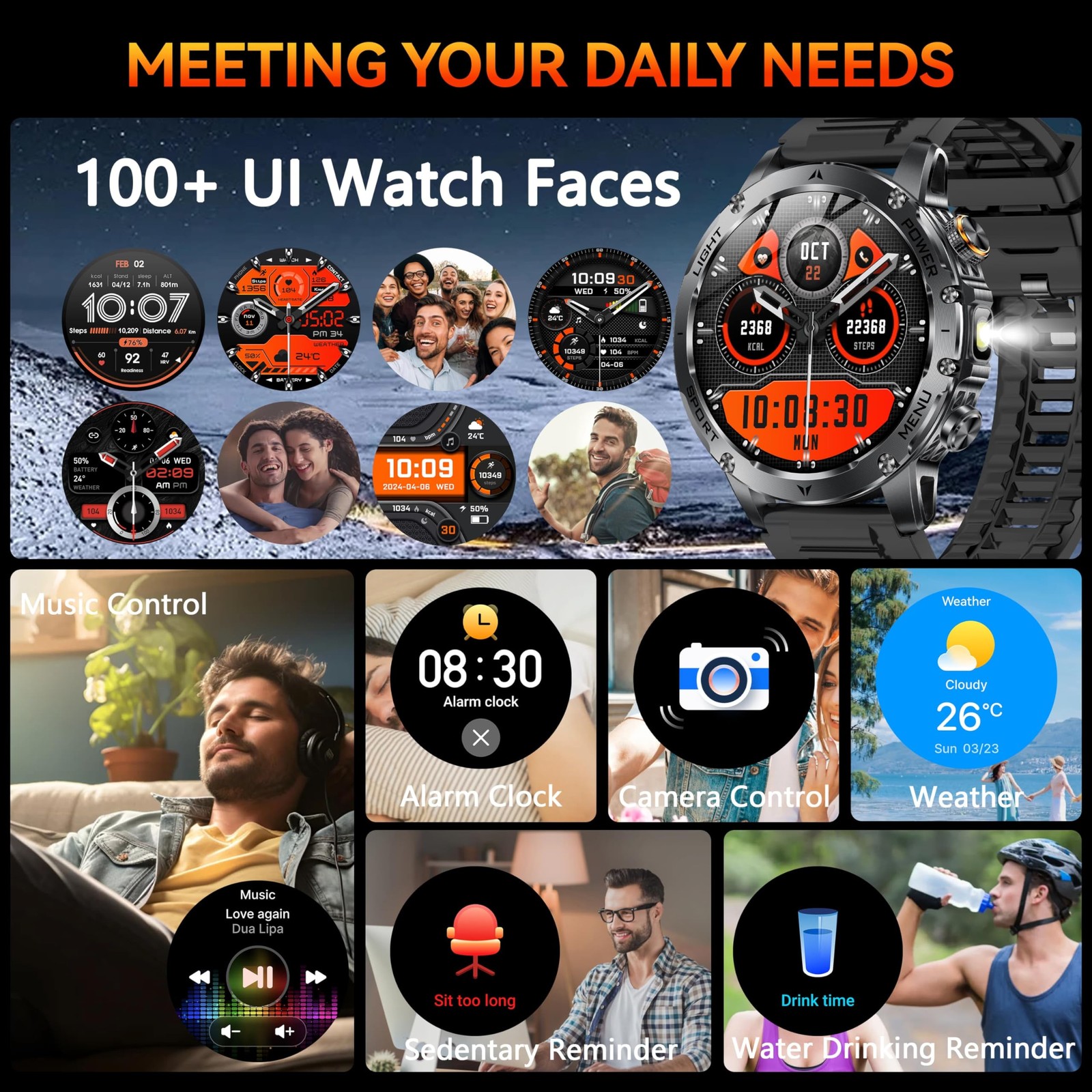 KPEP Military Smart Watches for Men with 2 Straps, 1000mAh Battery/LED Flashligh