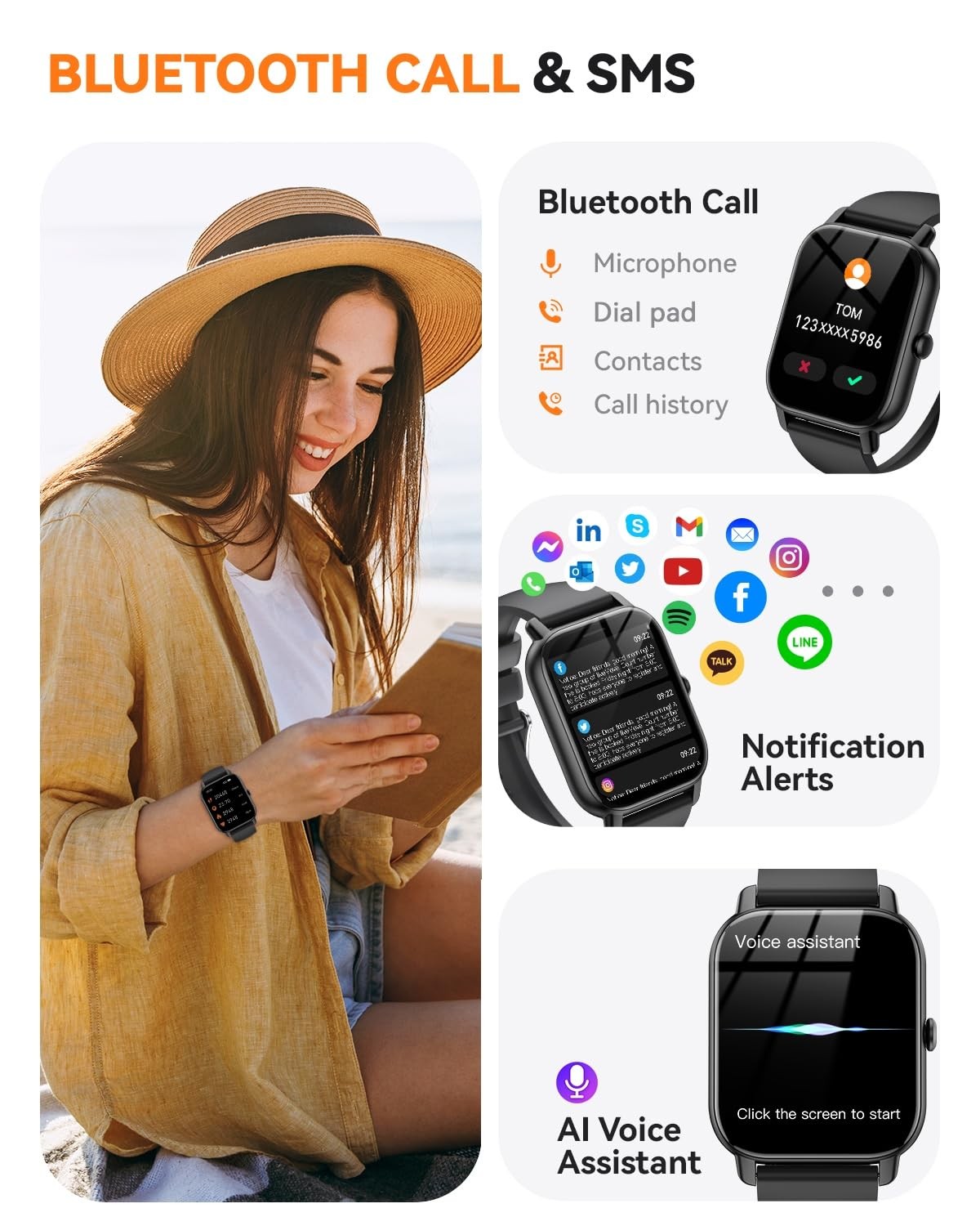 Smart Watch for Men Women,1.85 inch HD Screen Bluetooth Fitness Tracker Step Cou