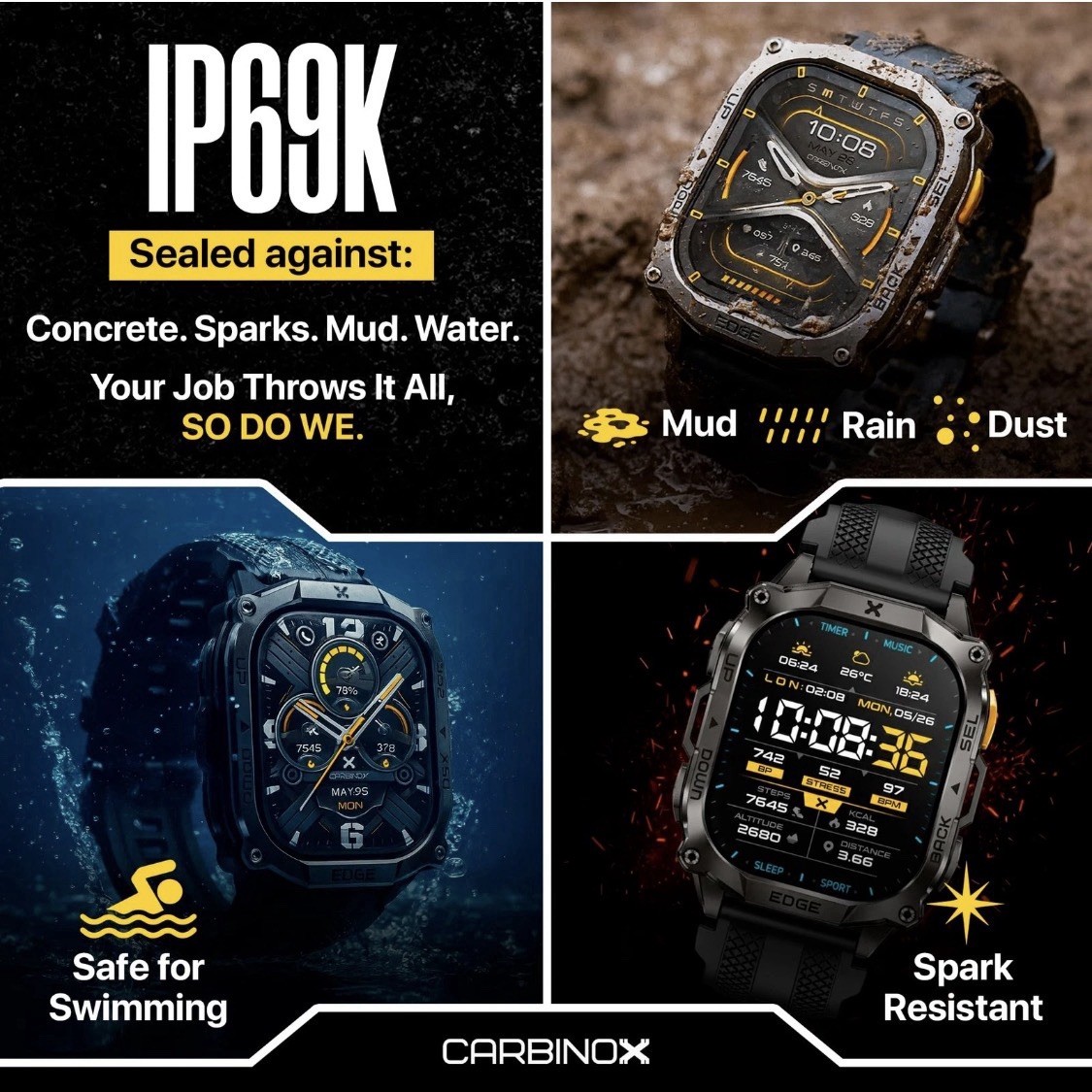 Edge Smart Watch Rugged, 1.96″ AMOLED, Stainless Steel, IP69K/5ATM Fitness Black