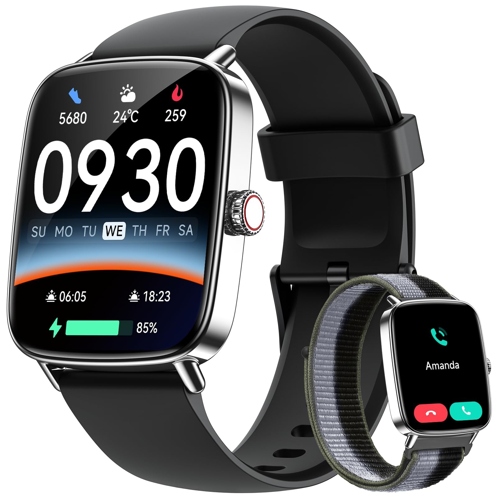 Smart Watch 1.85 Inch AMOLED Screen Fitness Tracker With 2 Bands Heart Rate SpO2