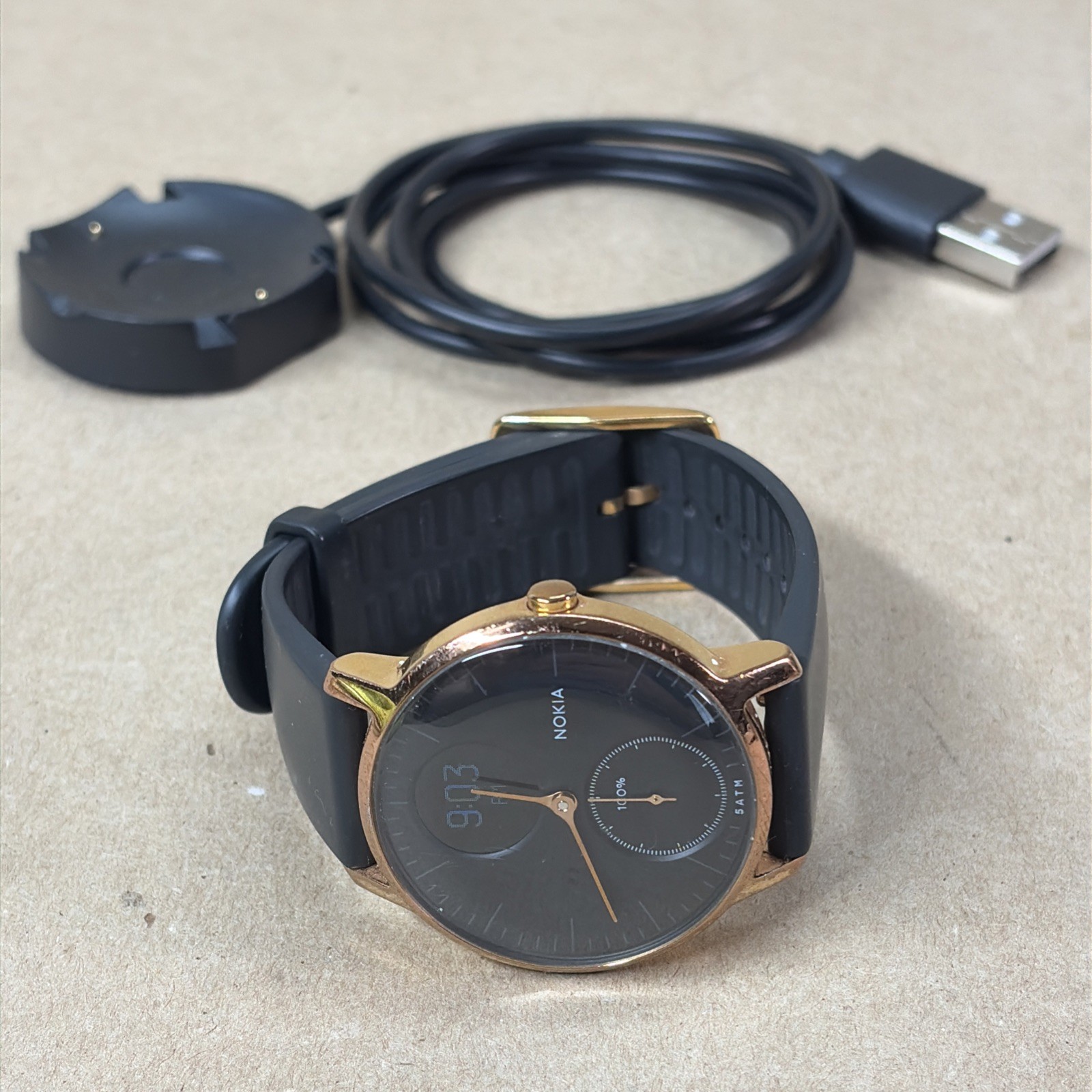 Nokia Steel HR Hybrid Smartwatch Gold Bezel Black Face Tested Works