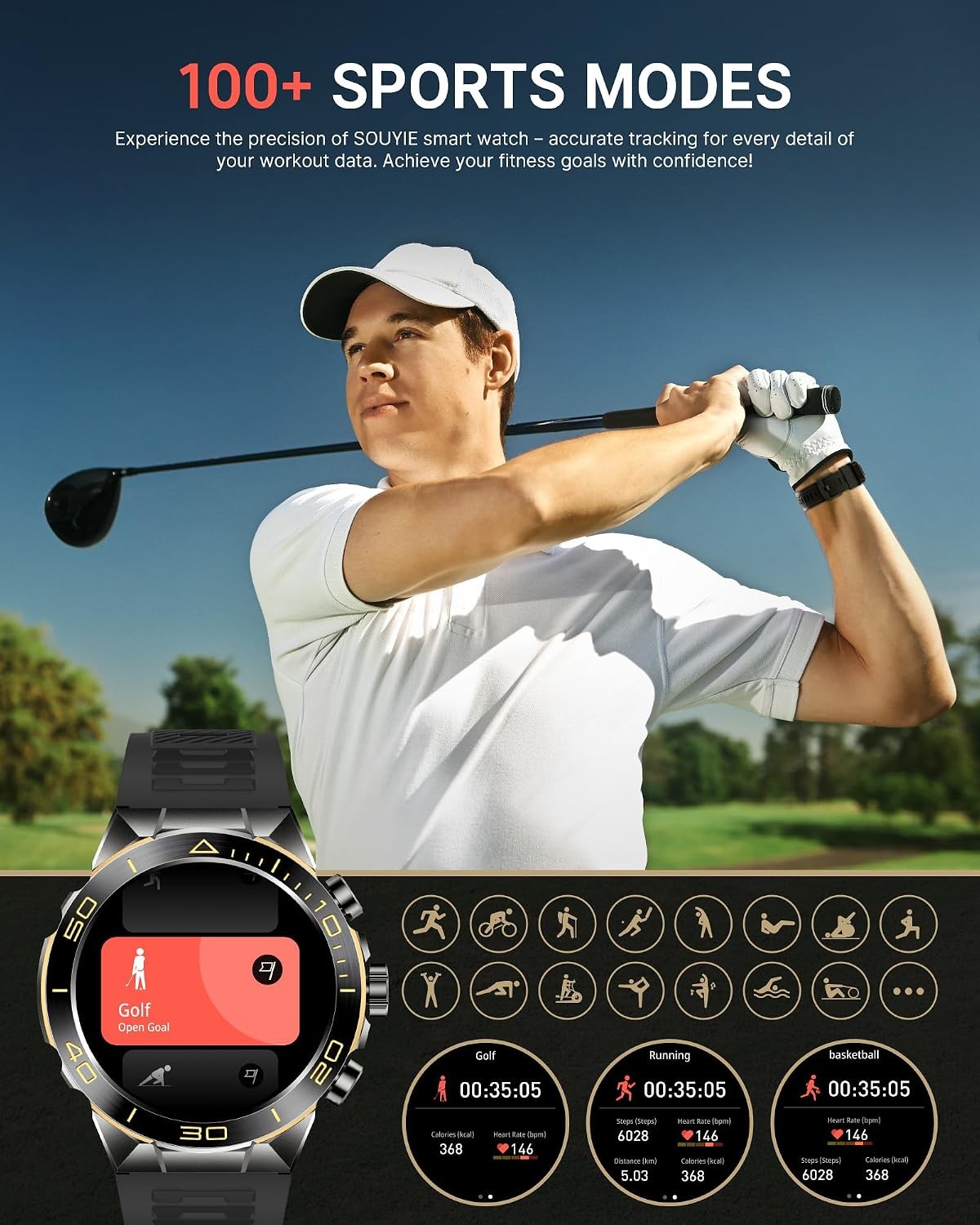 SOUYIE Luxury Smart Watch for Men Bluetooth Call, 1.43″ AMOLED,