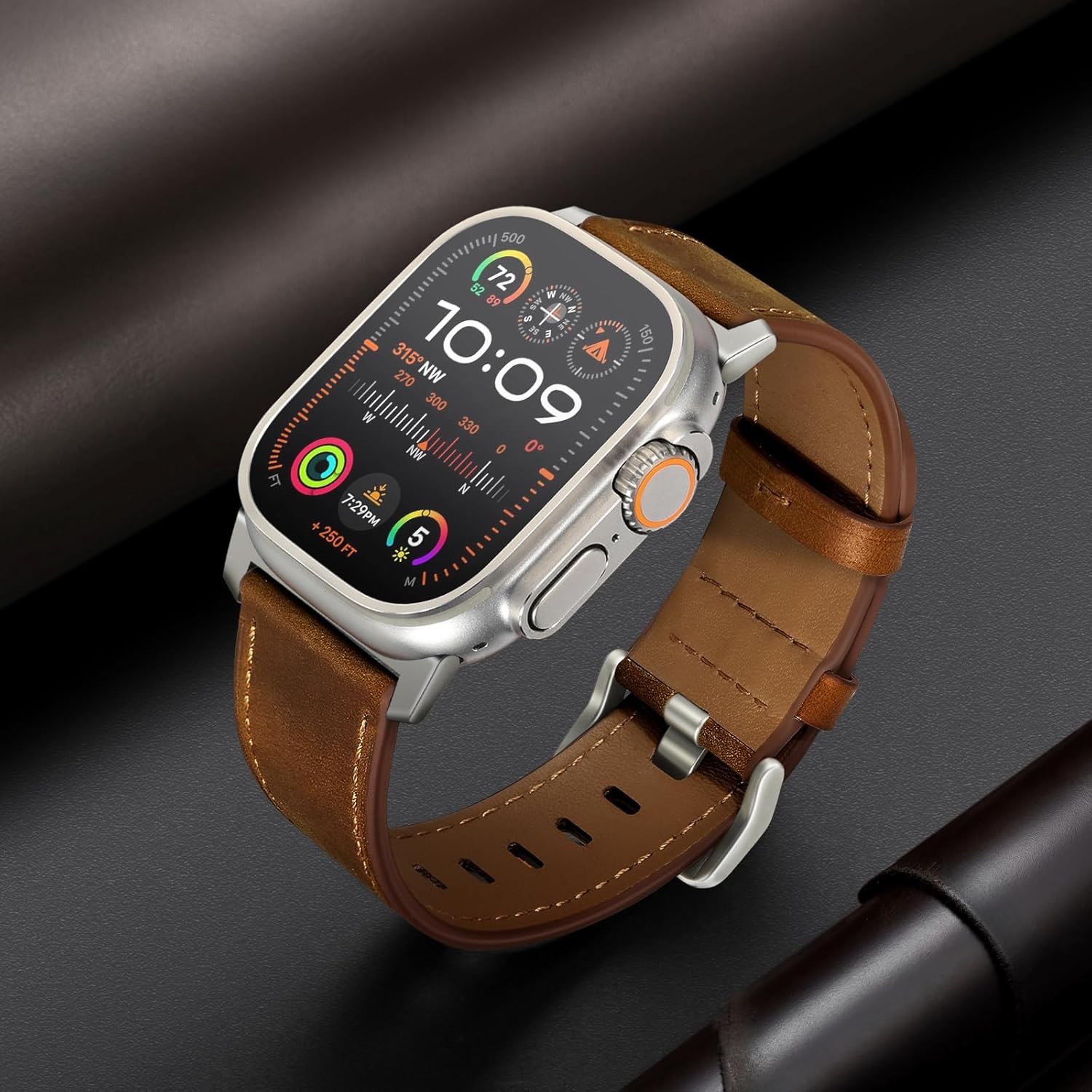 Genuine Leather Strap Compatible with Apple Watch Ultra 49mm 44mm Retro Brown