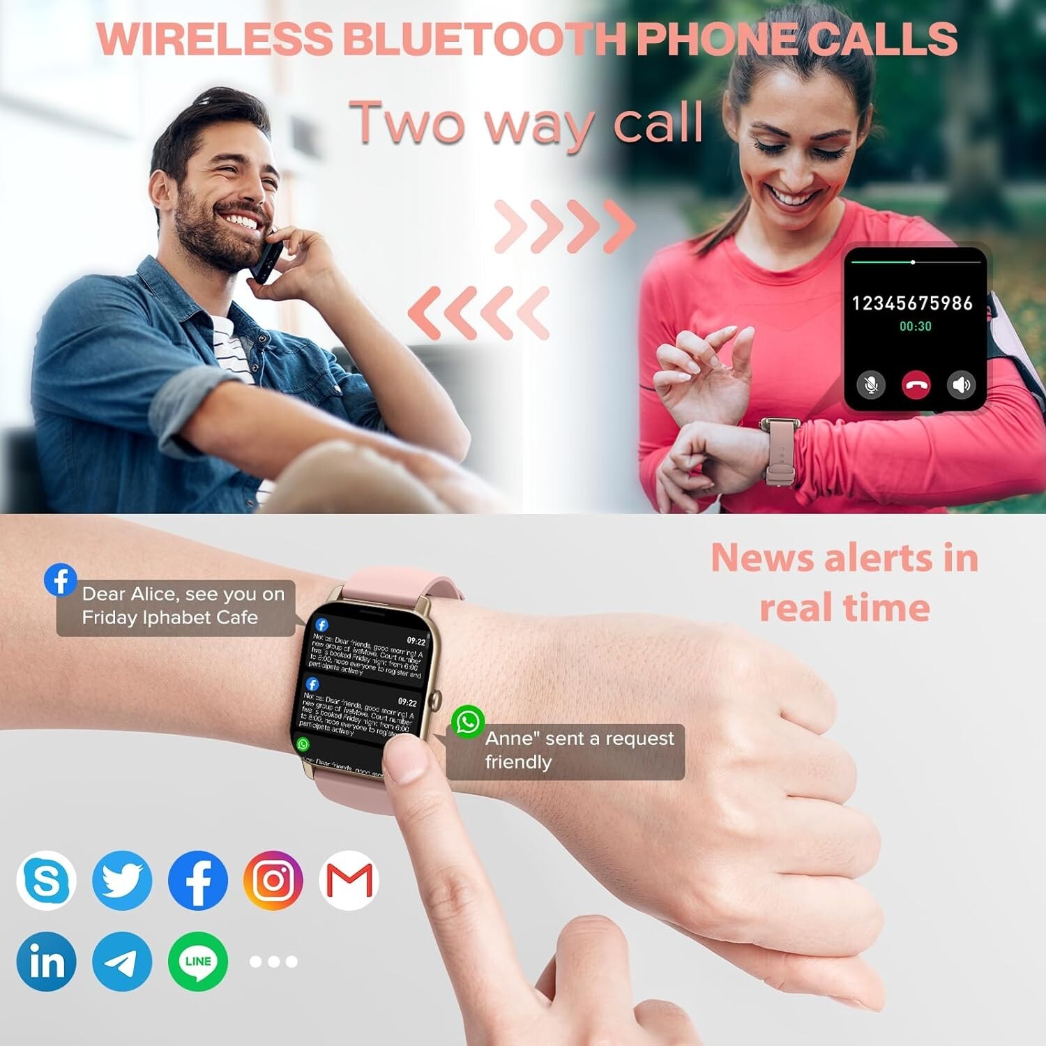 Smart Watch Fitness Tracker with Speaker Touch Screen Waterproof Pink