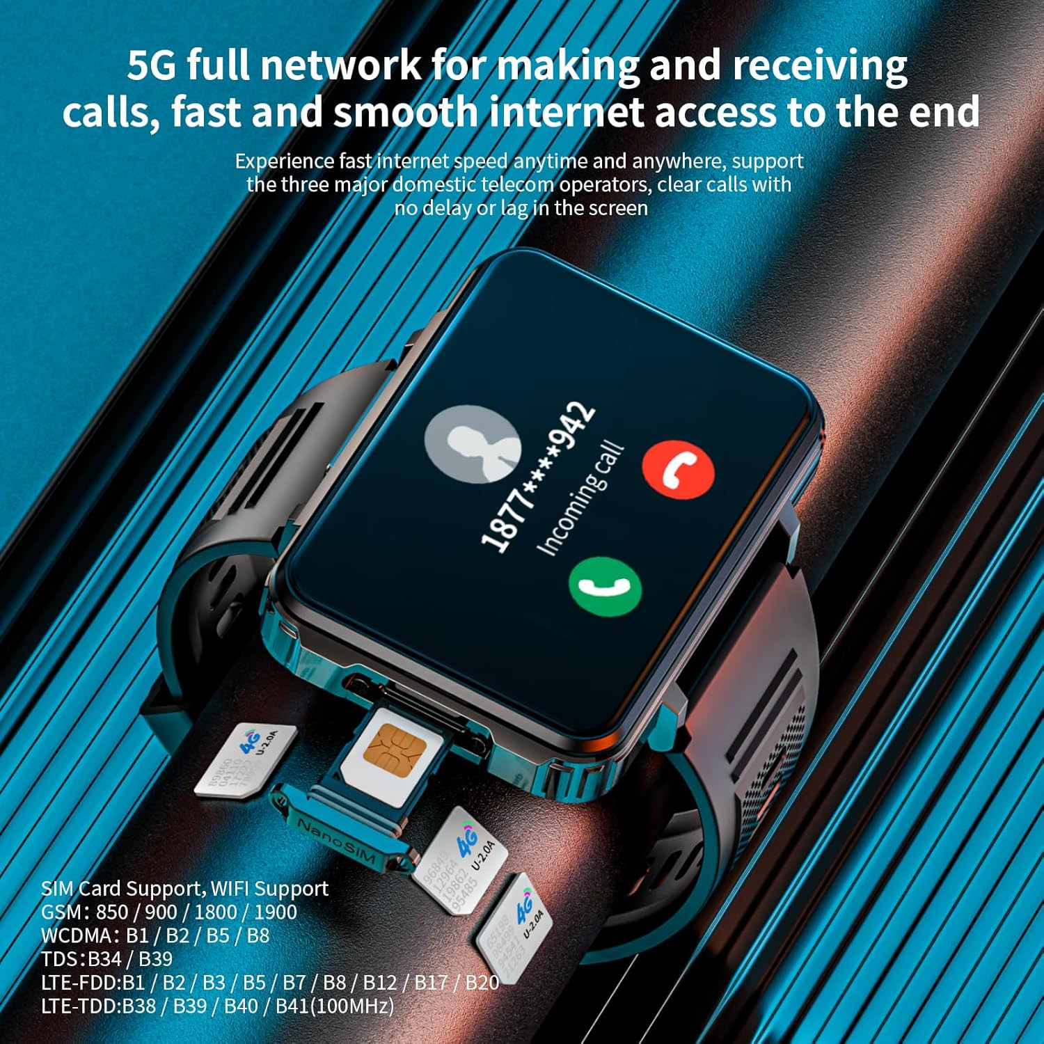 4G SIM Card Smart Watch, 6GB+128GB Android Smartwatch Phone Call, 2.4″ Large Scr