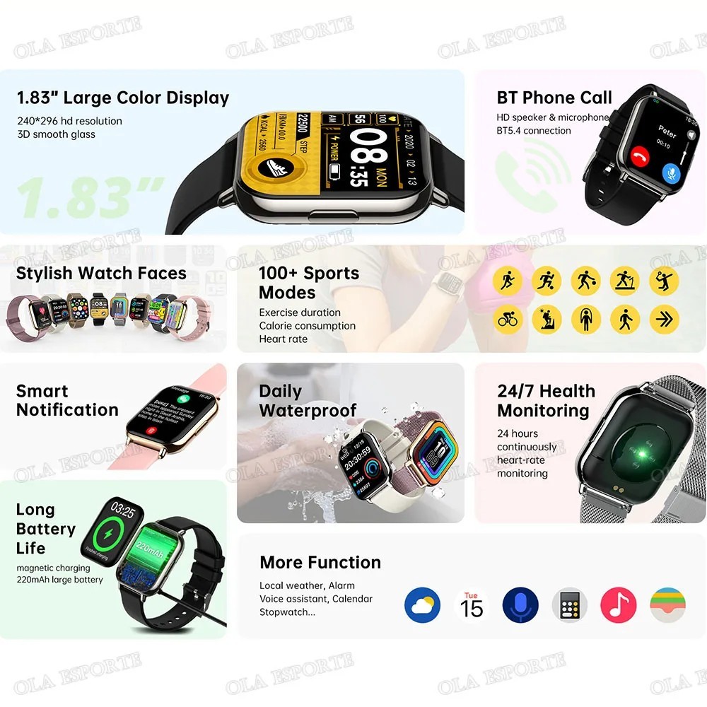 Smart Watch Touchscreen Fitness Watch w/Heart Rate,Blood Oxygen/Pressure Monitor