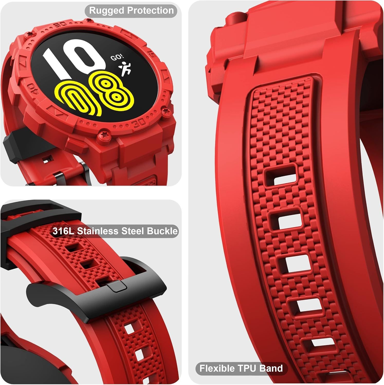 Military Sport Band with Rugged Case for Galaxy Watch 5 44mm, Red Color