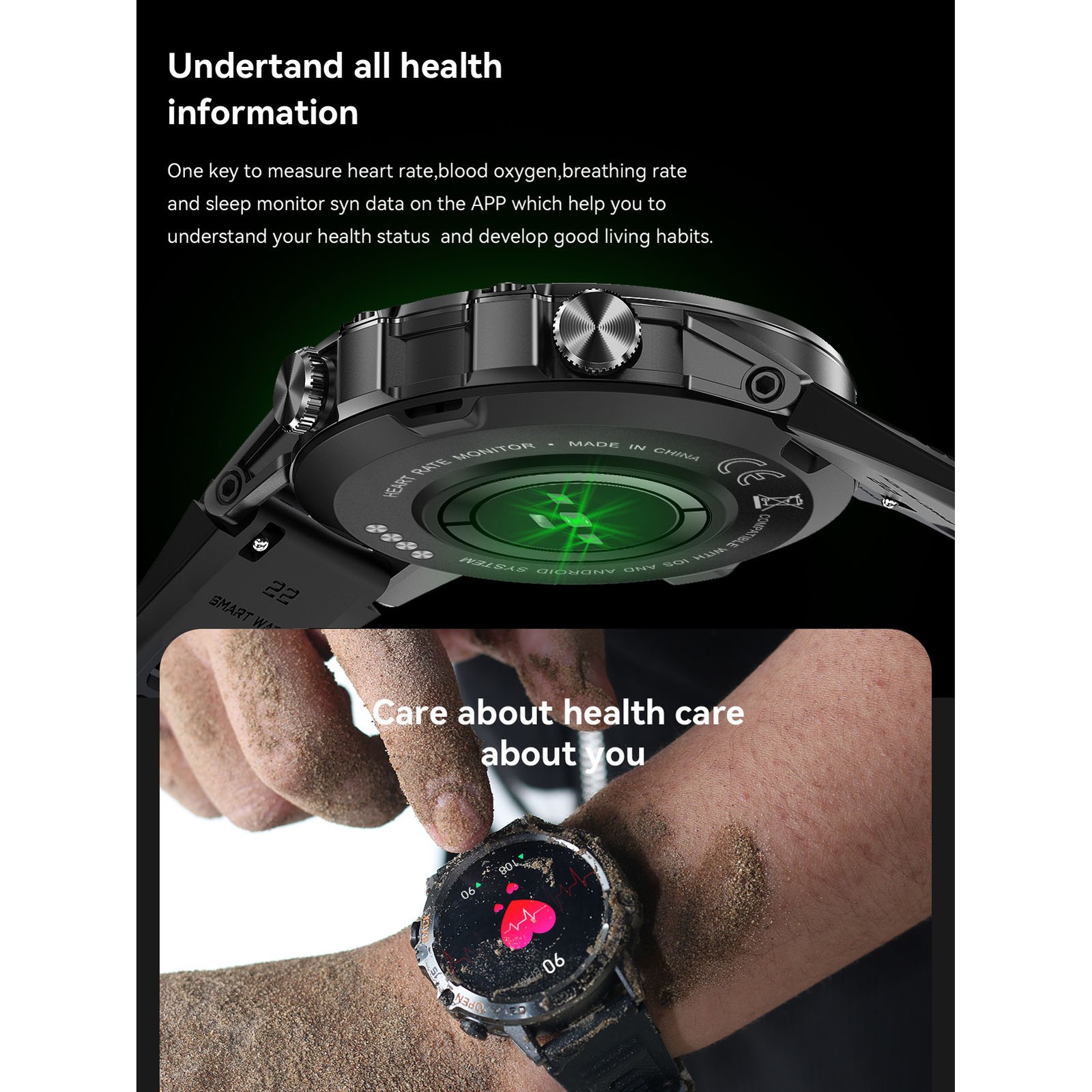 Black Outdoor Smartwatch With Speaker Waterproof Dustproof LCD Bluetooth In ULOW