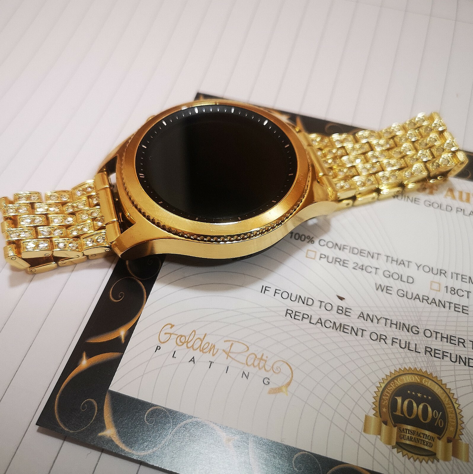 24K Gold Plated Samsung Gear S3 Classic Gold Diamond Rhinestone Band Smart Watch