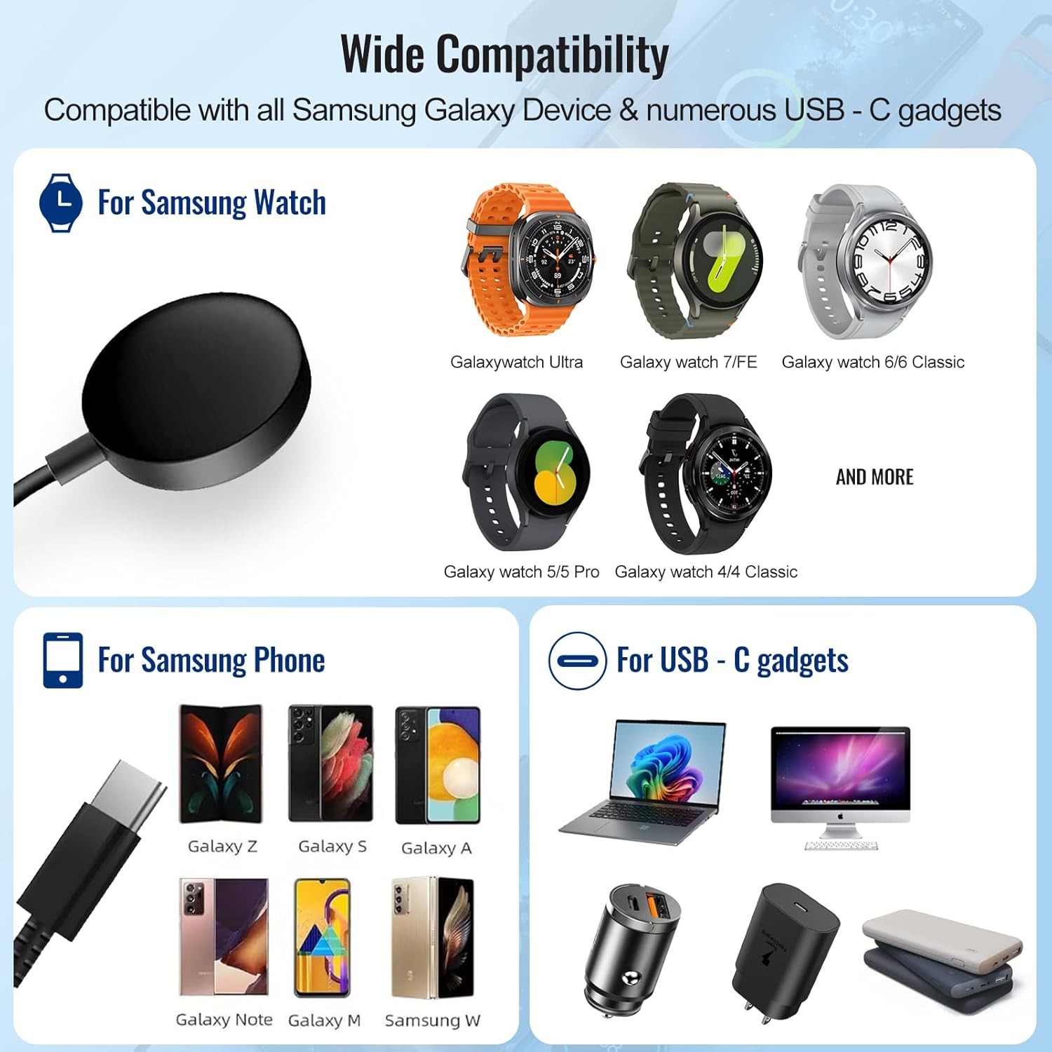 2-in-1 Dual USB-C Fast Charging Cable for Samsung Galaxy Watch & S25 S24 S23 Ult