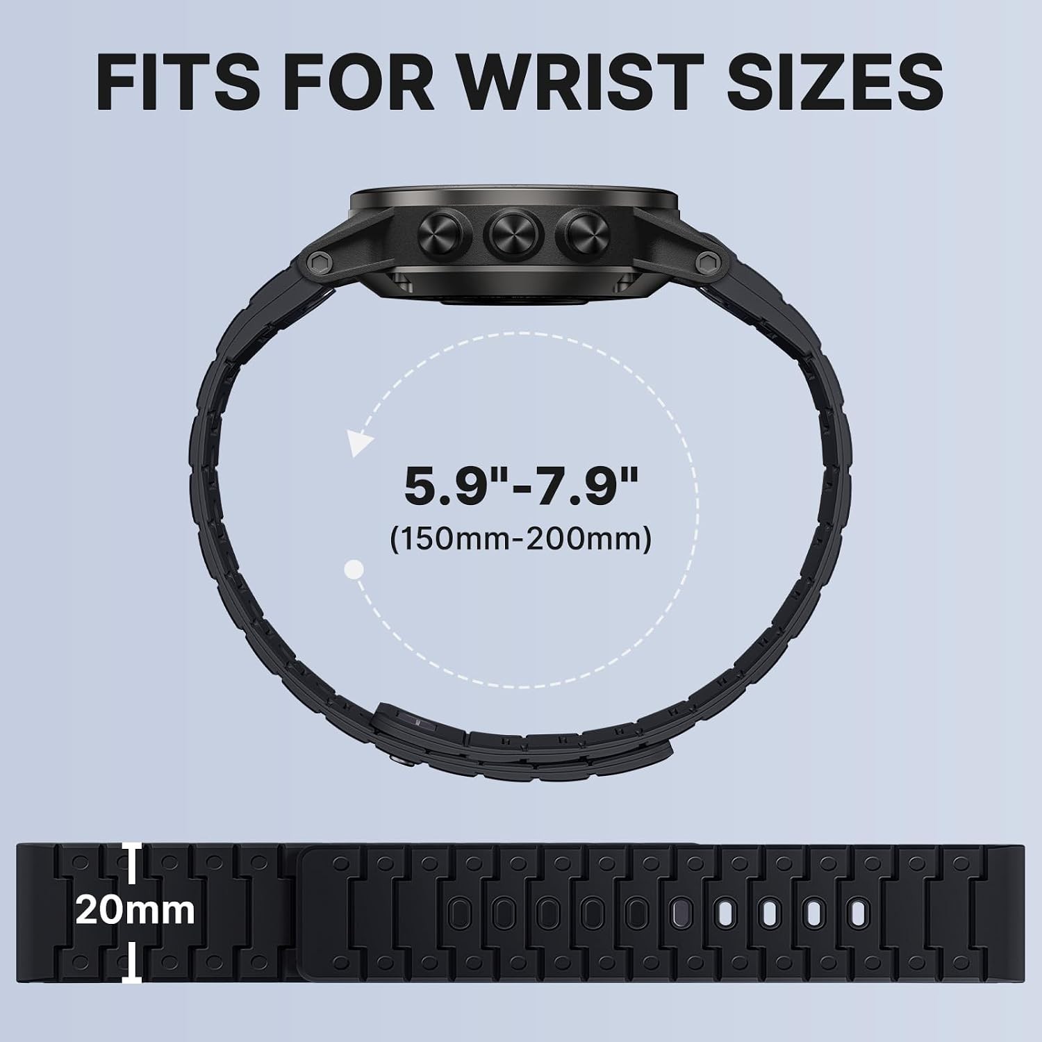 Black Magnetic Band for Garmin Fenix 8 43mm Quick Fit 20mm Replacement Strap