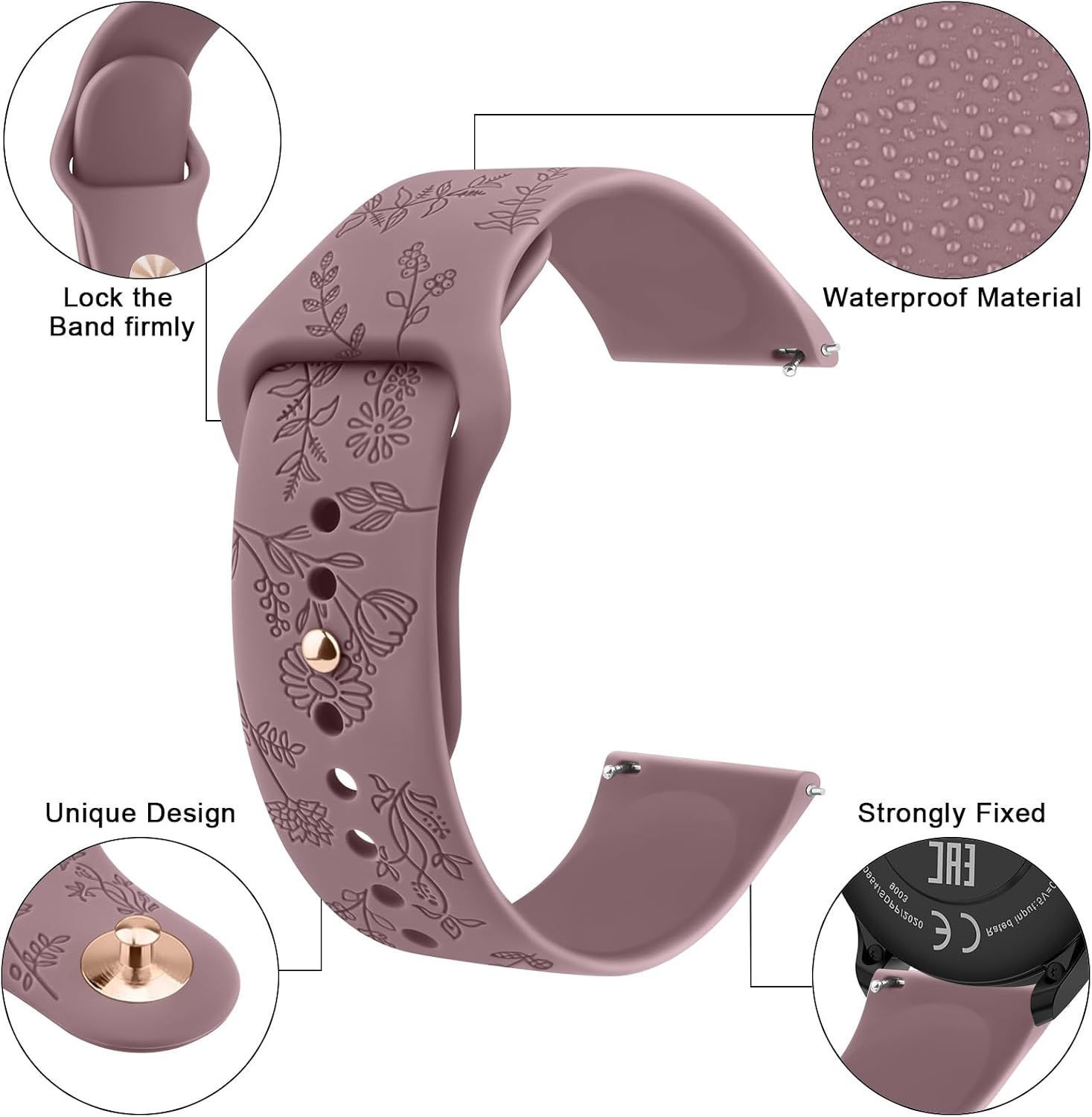 Floral Engraved Silicone Watch Strap 20mm 22mm Quick Release Bands for Sport