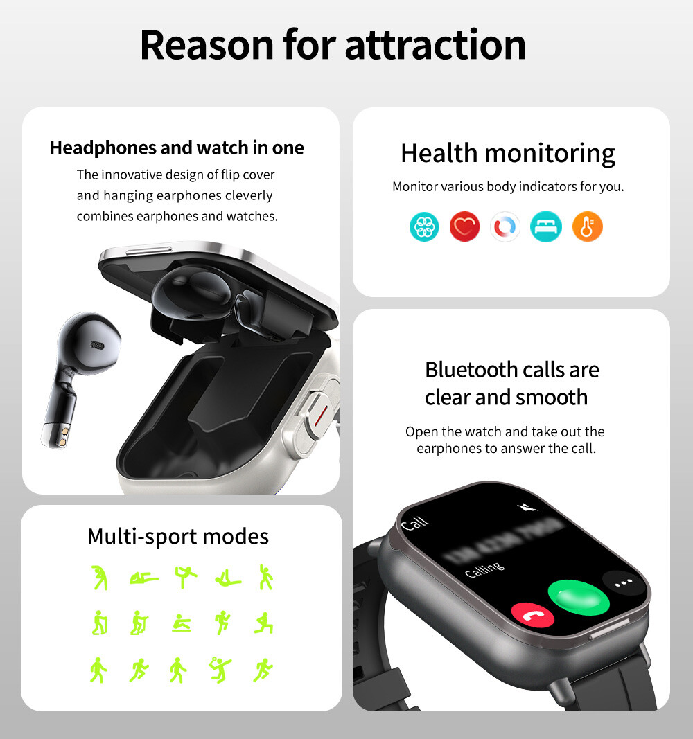 Smart Watch Headset 2 in 1 Bluetooth Call Music Watch Multi Sports for Men Women