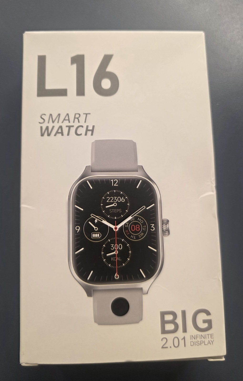 L16 Smart Watch 2.01 Inch Infinite Display Silver Metal Case Gray Silicone Band