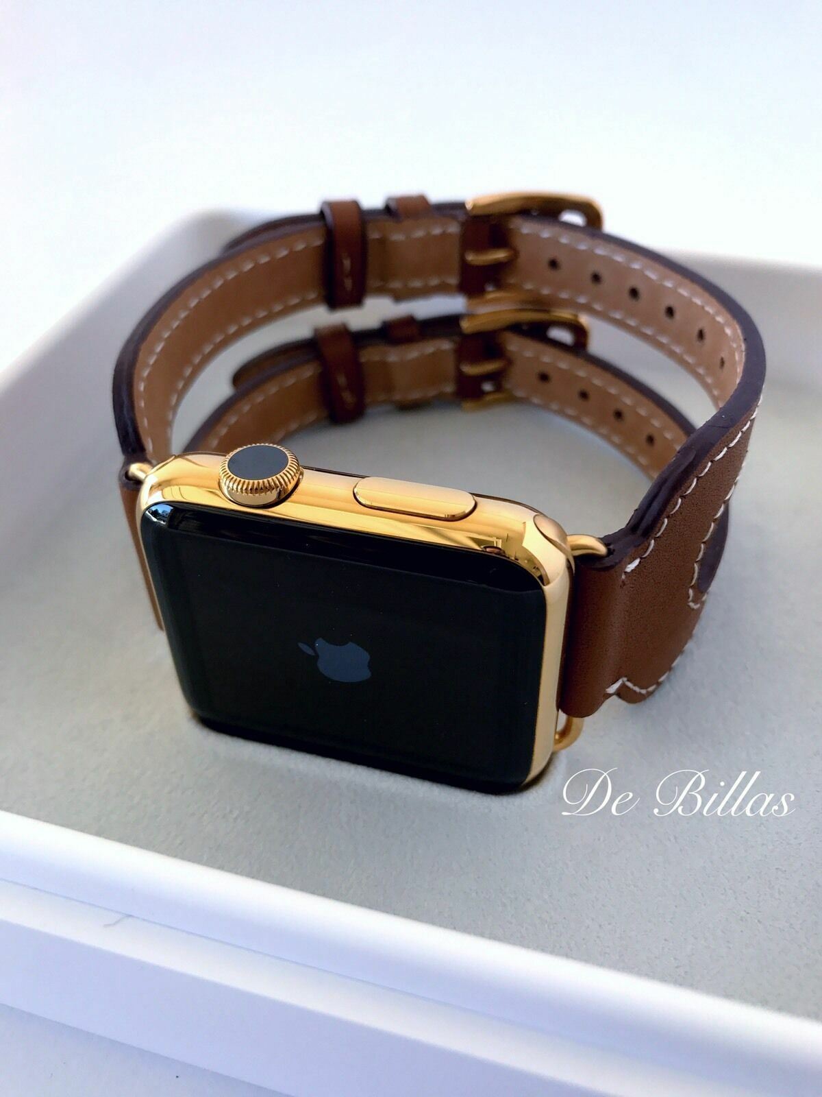 24K Gold Plated 44MM Apple Watch Series 6 with Leather Etoupe Double Buckle Cuff