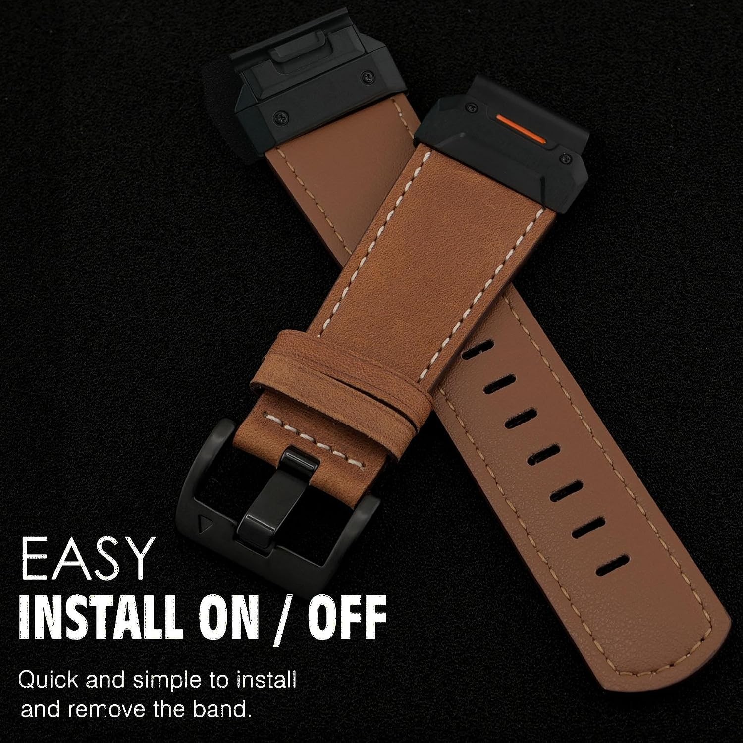Brown Genuine Leather Watch Band for Garmin Fenix 8, Instinct 3, QuickFit Strap
