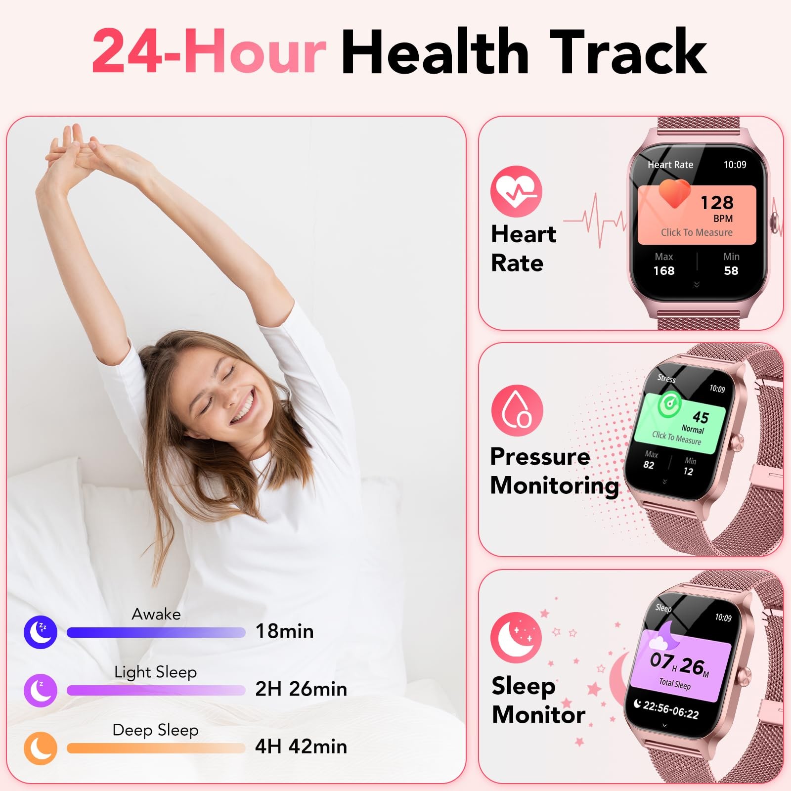 1.85 Inch Smart Watch Women Fitness Tracker Heart Rate Sleep Monitor 2 Bands…