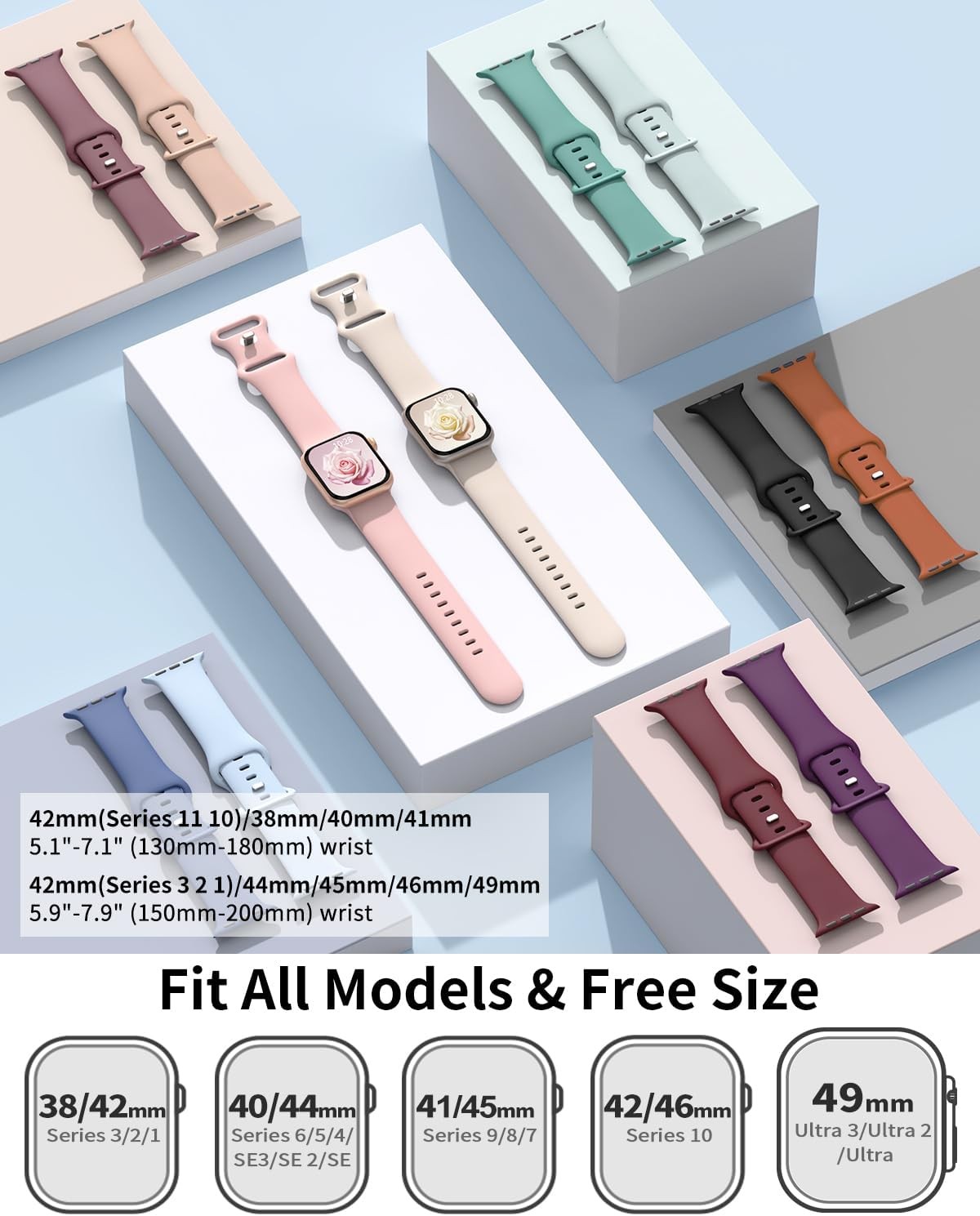 6 Pack of Silicone Wrist Straps for 44mm Apple Watch Series 7 Bands