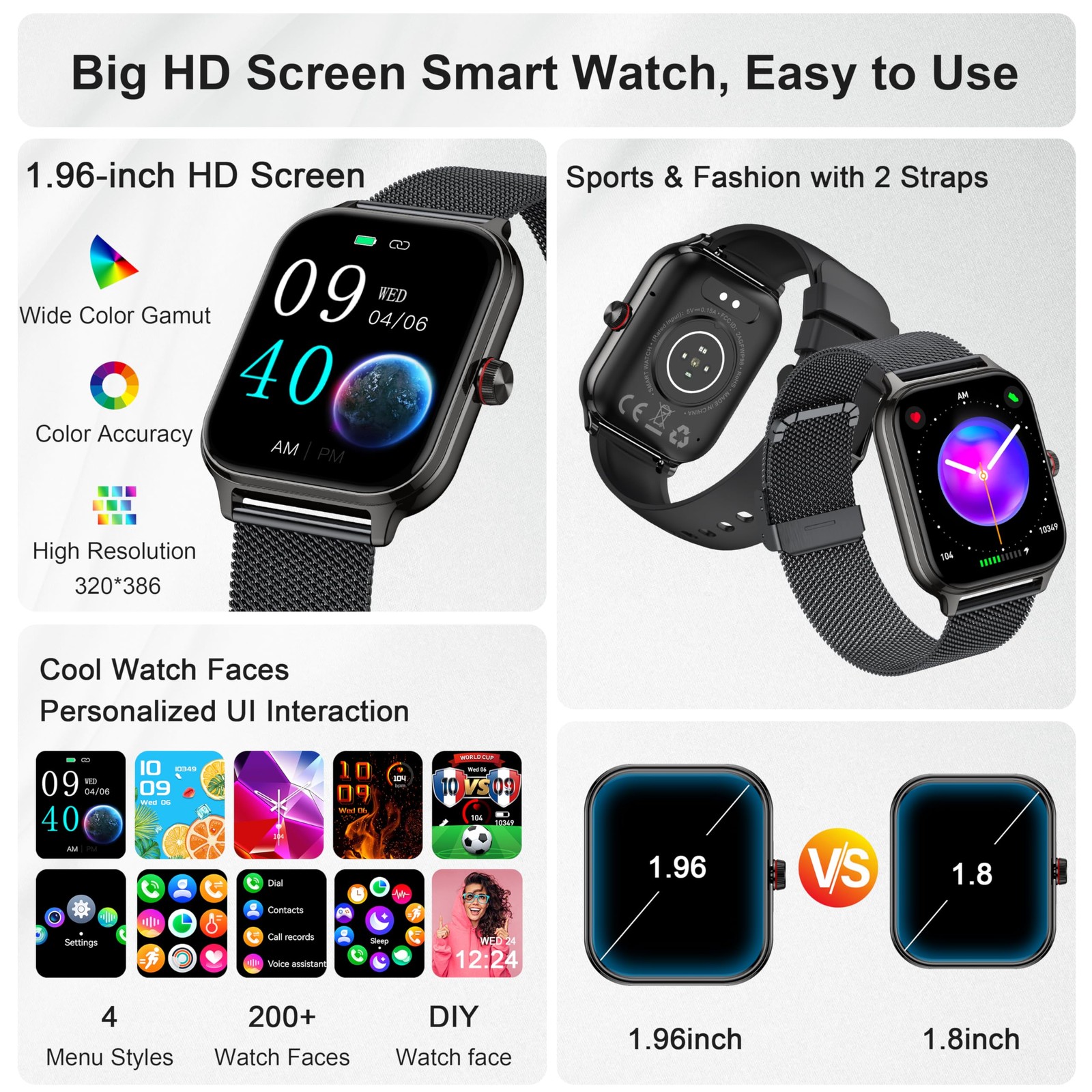 1.96 Inch Smart Watch Fitness Tracker With Call Function Heart Rate Sleep Mon…