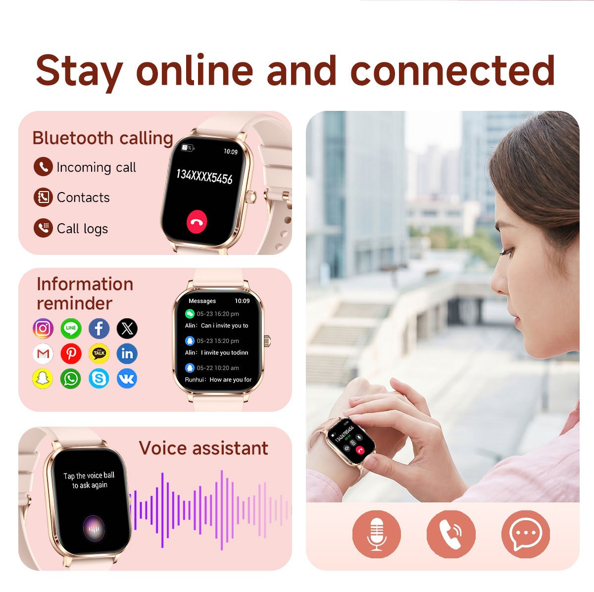 Women Smart Watch 1.82″ HD Touch Screen Bluetooth Call IP68 Waterproof Rose Gold