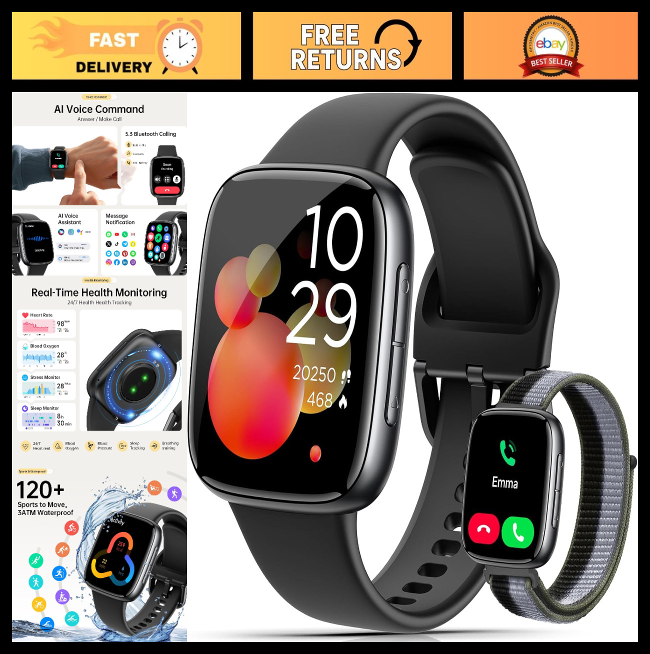 1.85” AMOLED Smartwatch for iPhone & Android, Heart Rate, SpO2, Sleep Monitor, 3