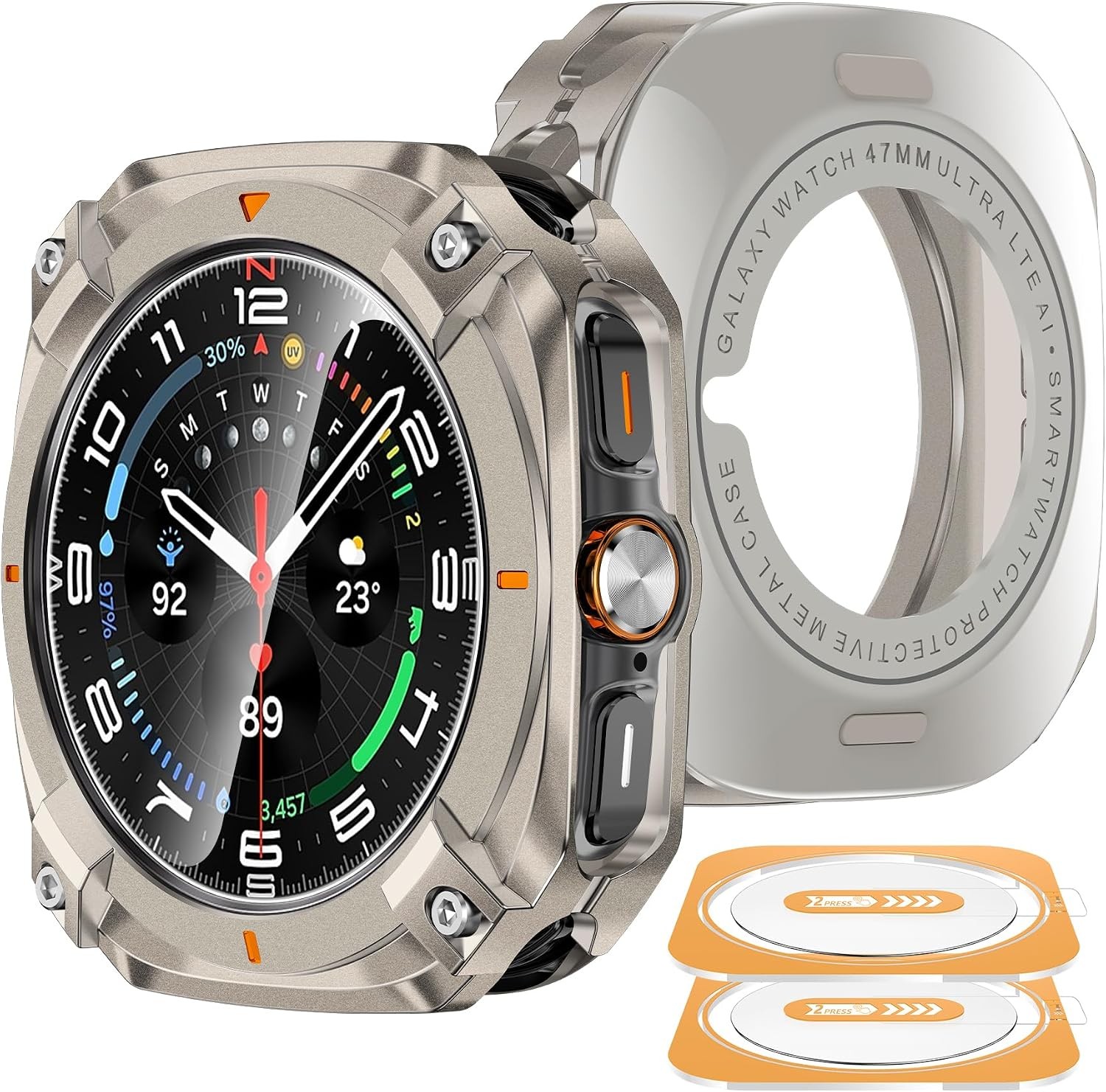 3 in 1 Metal Case for Samsung Galaxy Watch Ultra 47mm, Rugged Bumper + Tempered
