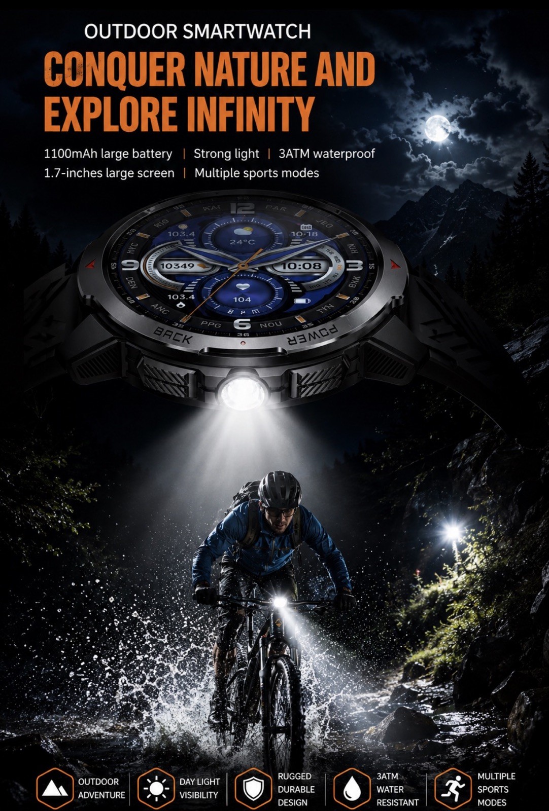 Smartwatch Flashlight 3ATM Waterproof Fitness & Health Tracker, Multi Funct