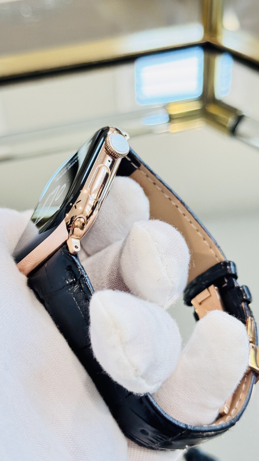 24k ROSE Gold Plated Apple Watch Series 10 46mm Black Leather Band CUSTOM