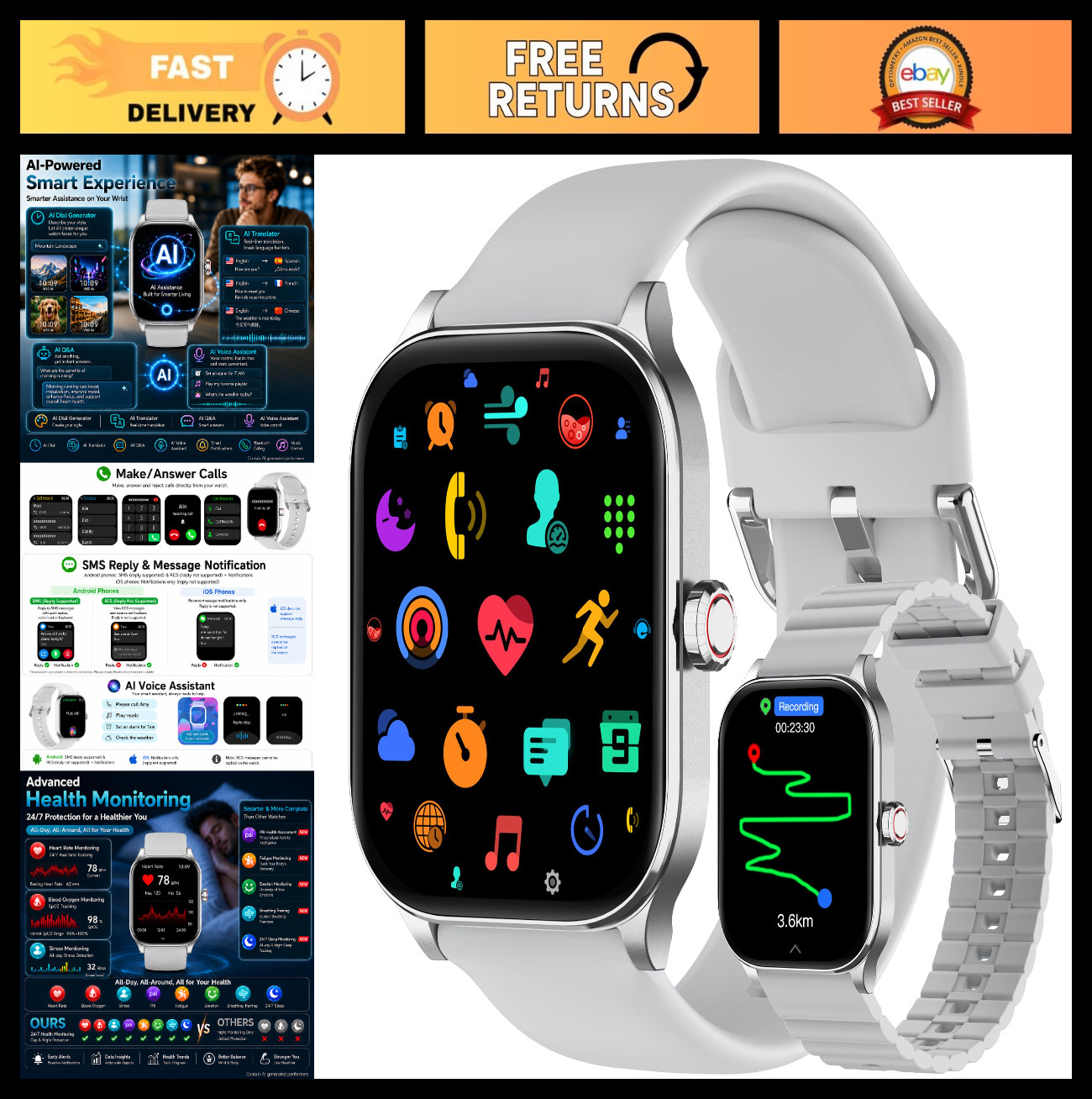 GPS Smart Watch for Men & Women, 1.96″ HD Display, IP68 Waterproof, Bluetooth Ca