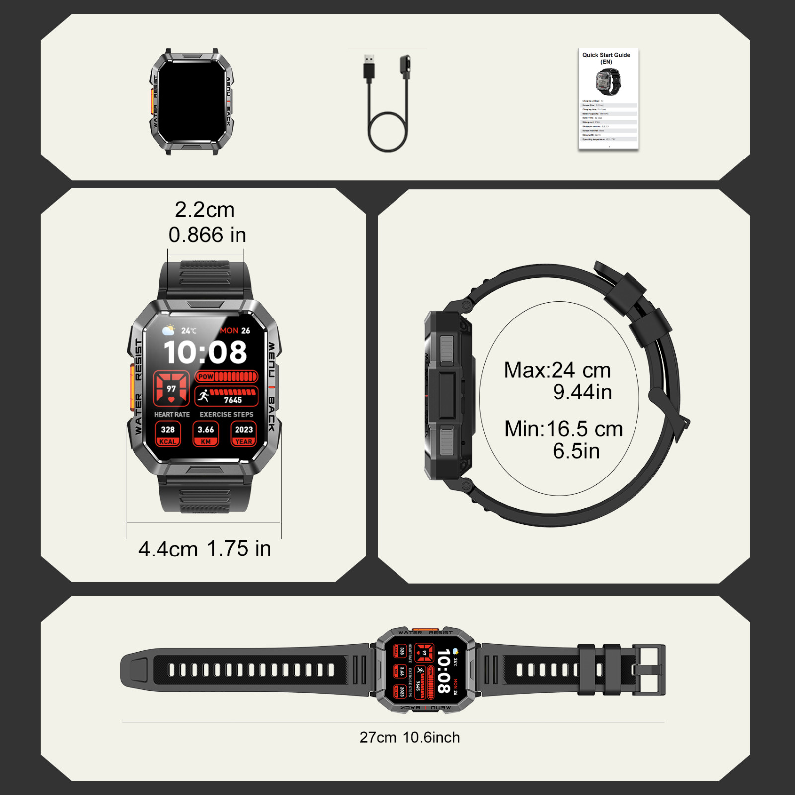 Military Tactical Compass Smart Watch For Men With LED Flashlight Blood Pressure